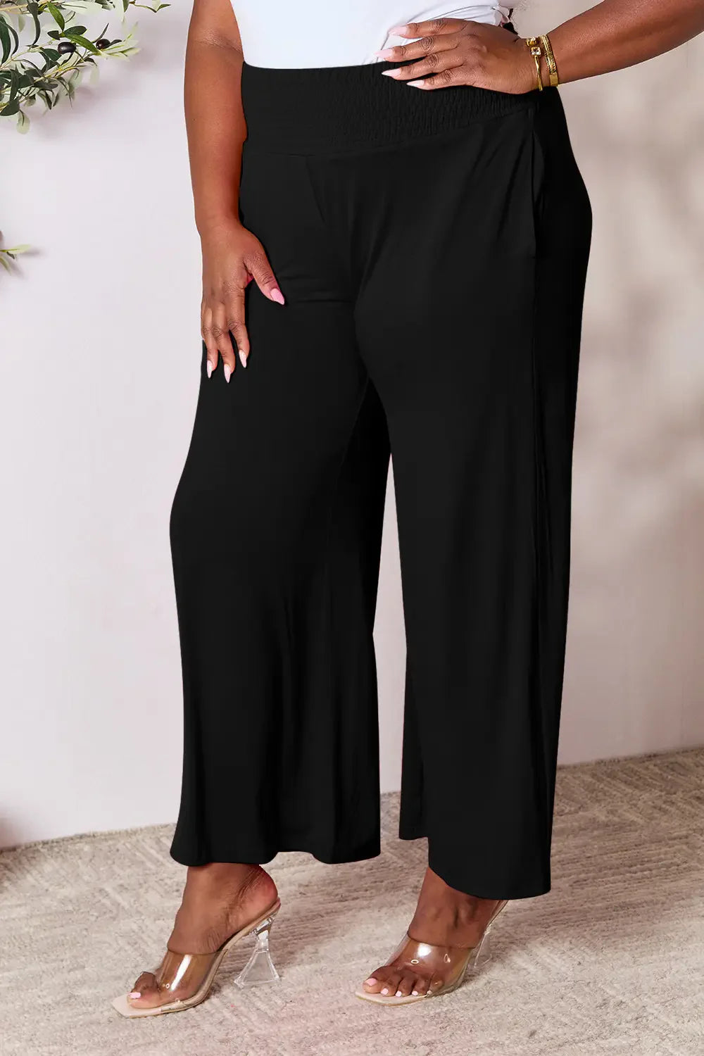 Basic Bae Full Size Smocked Wide Waistband Wide Leg Pants | Includes Plus Size