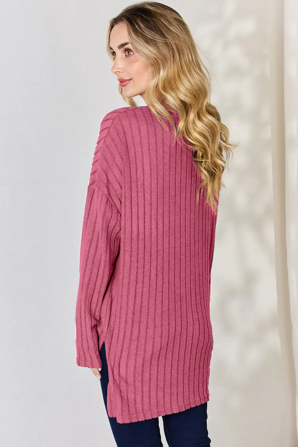 Basic Bae Full Size Ribbed Half Button Long Sleeve High-low Knit Top | Includes Plus Size