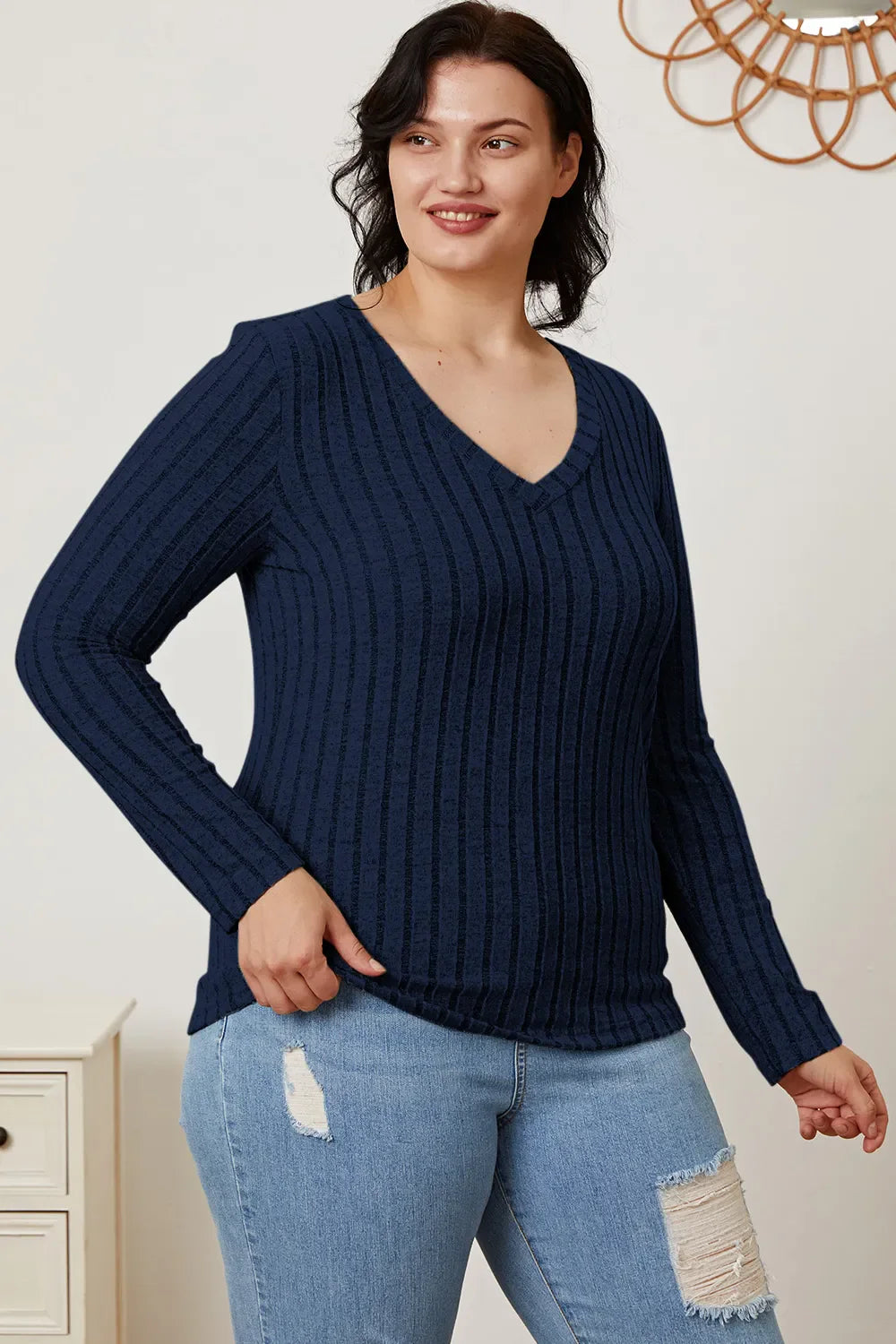 Basic Bae Full Size Ribbed V-neck Long Sleeve Knit Top | Includes Plus Size