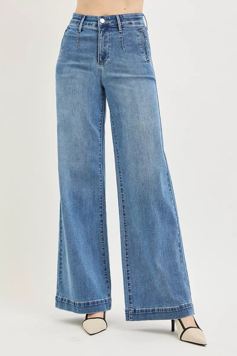 Risen Tummy Control Elastic Band High Rise Wide Jeans