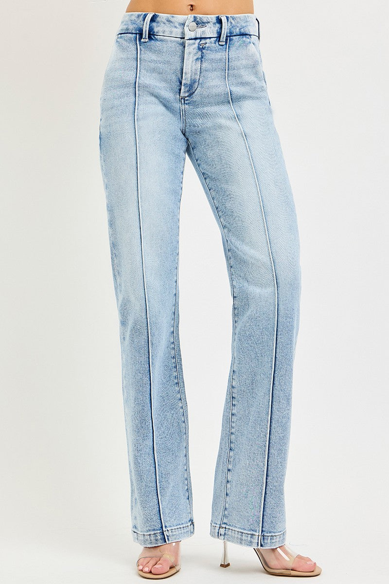 Risen Tummy Control High Rise Straight Pin Tuck Jeans