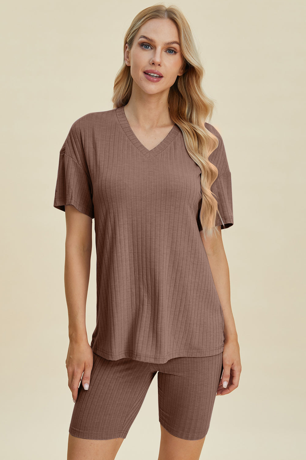 Basic Bae Full Size Ribbed V-neck Short Sleeve Top And Shorts Set