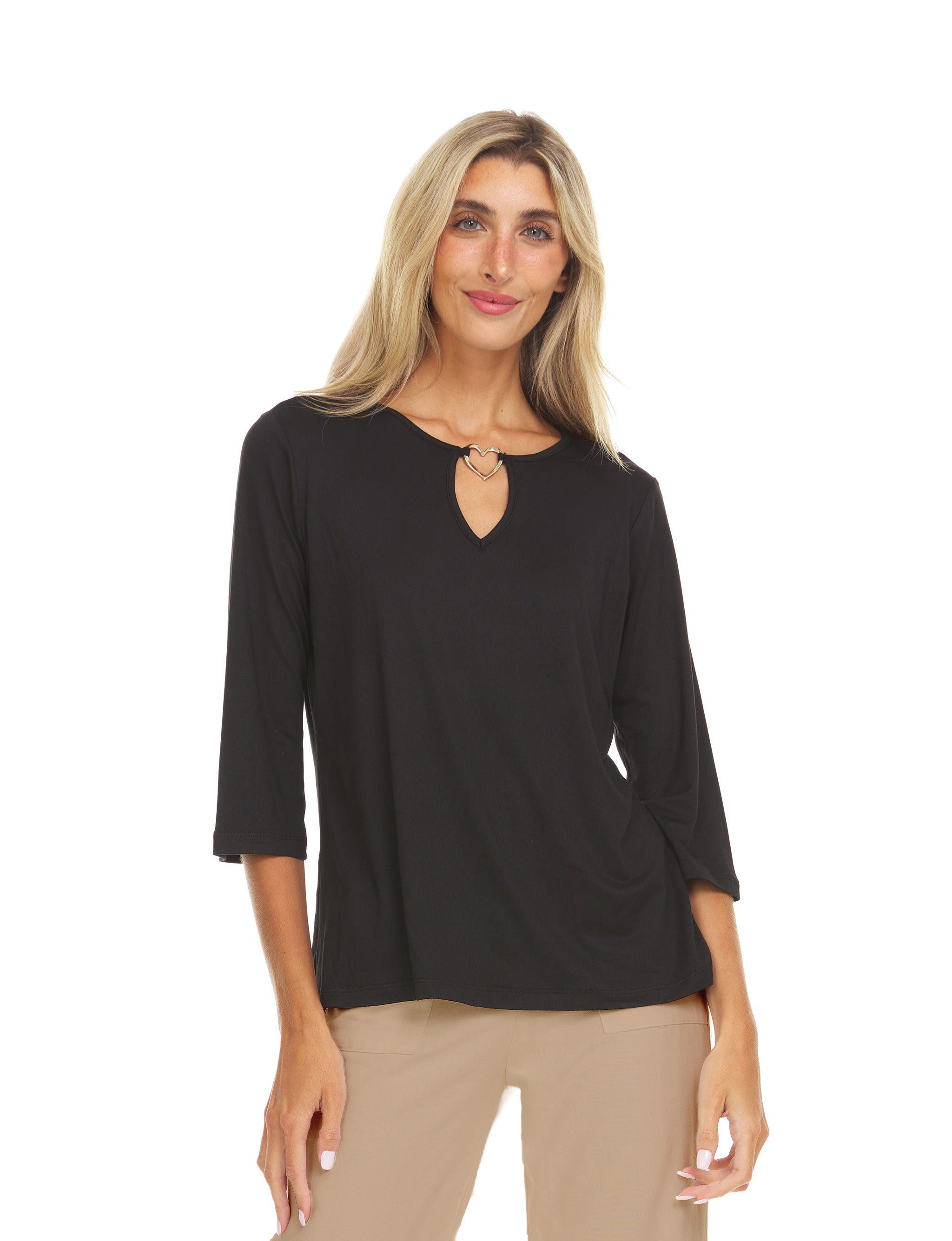 3/4 Sleeve Tunic With Metal Heart Design Detail At Keyhole Neckline