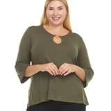 3/4 Sleeve Tunic With Metal Heart Design Detail At Keyhole Neckline - Plus