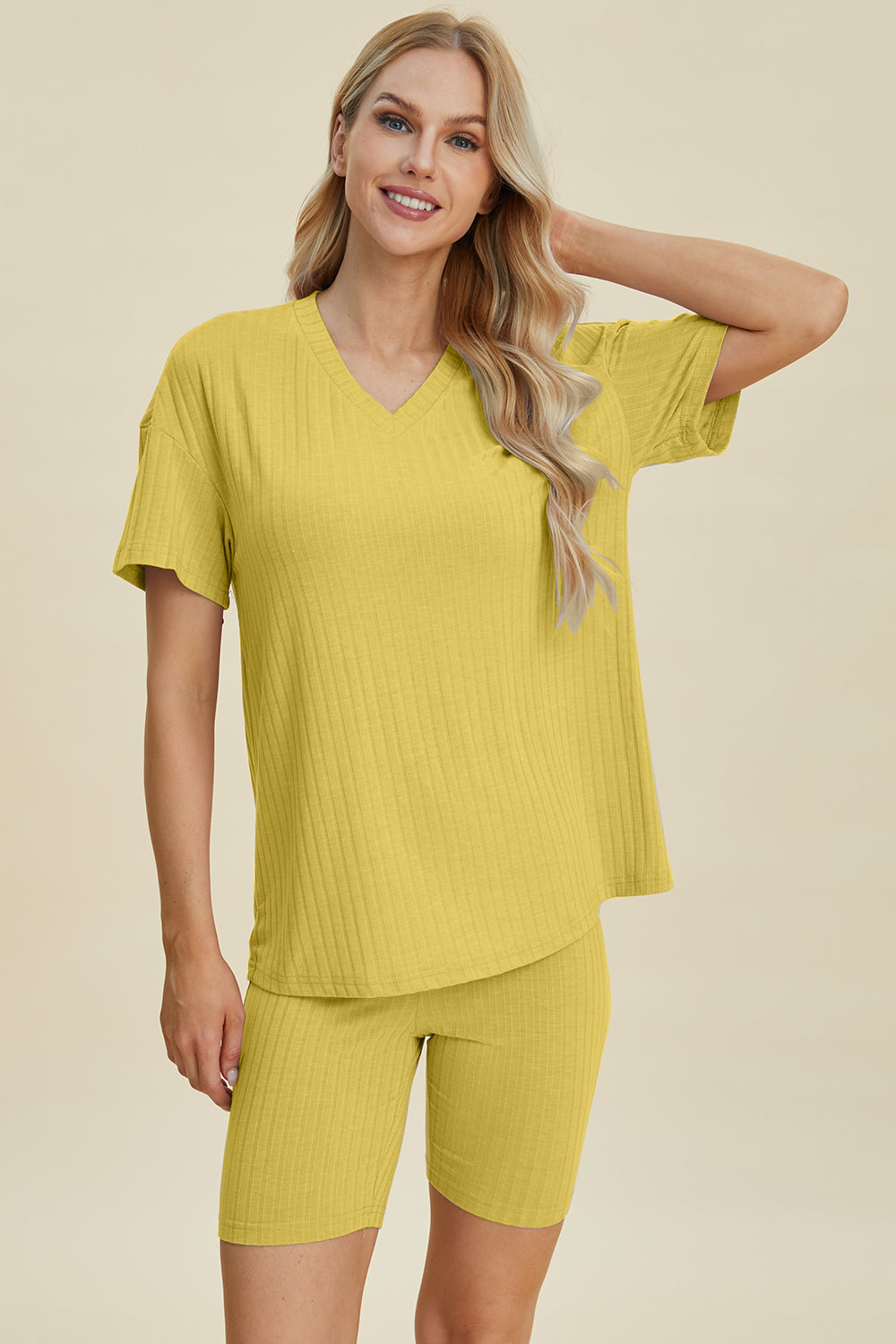 Basic Bae Full Size Ribbed V-neck Short Sleeve Top And Shorts Set