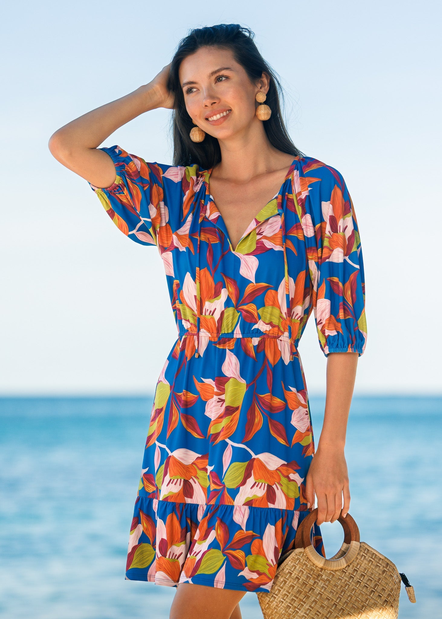 Sunset Oasis Flowy Cinch Waist Dress