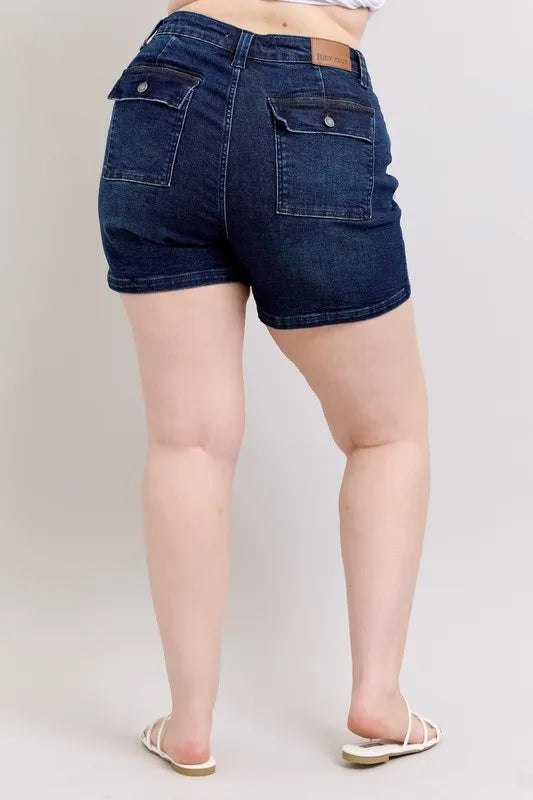 Judy Blue Full Size High Waist Back Flap Pocket Denim Shorts | Includes Plus Size