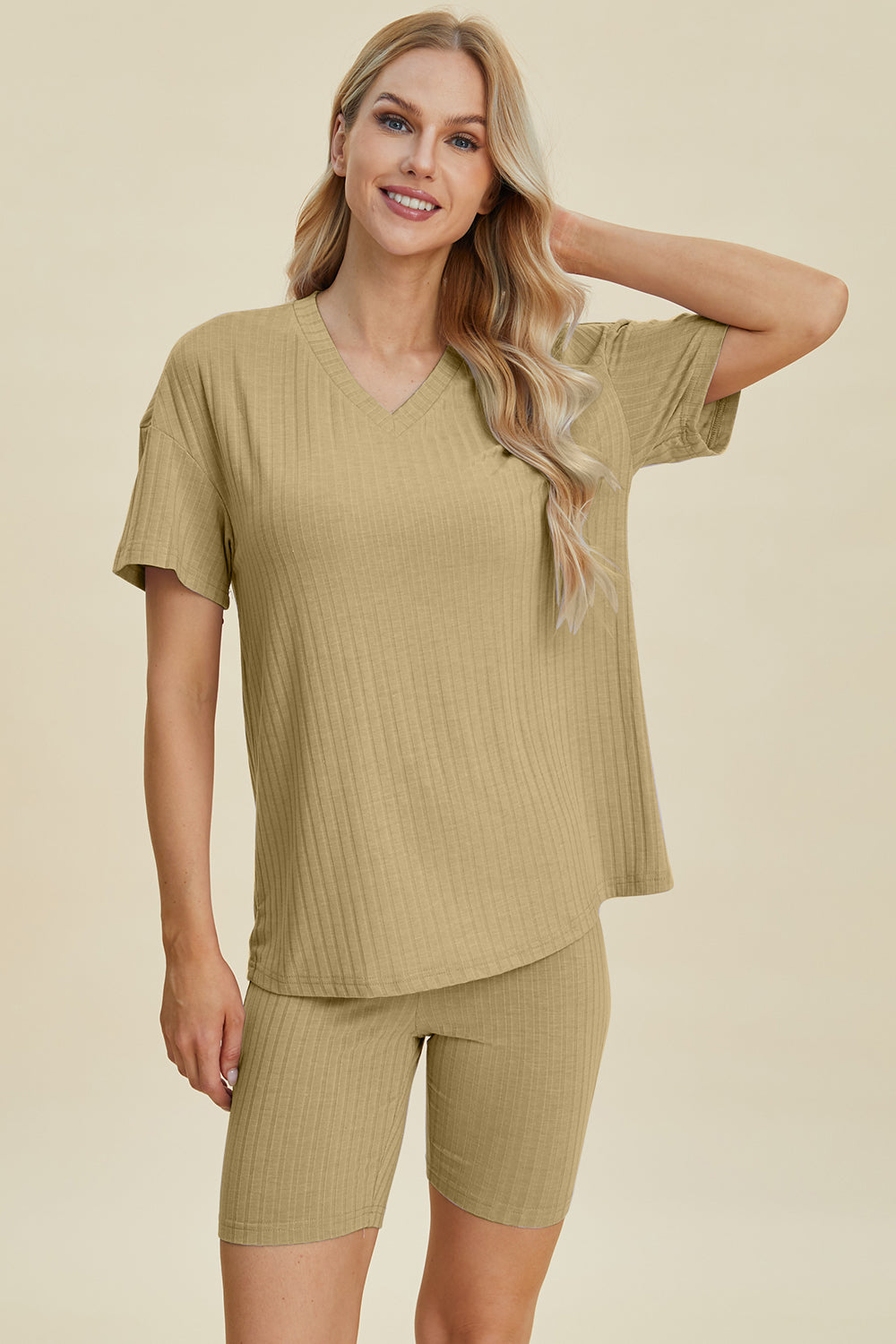 Basic Bae Full Size Ribbed V-neck Short Sleeve Top And Shorts Set