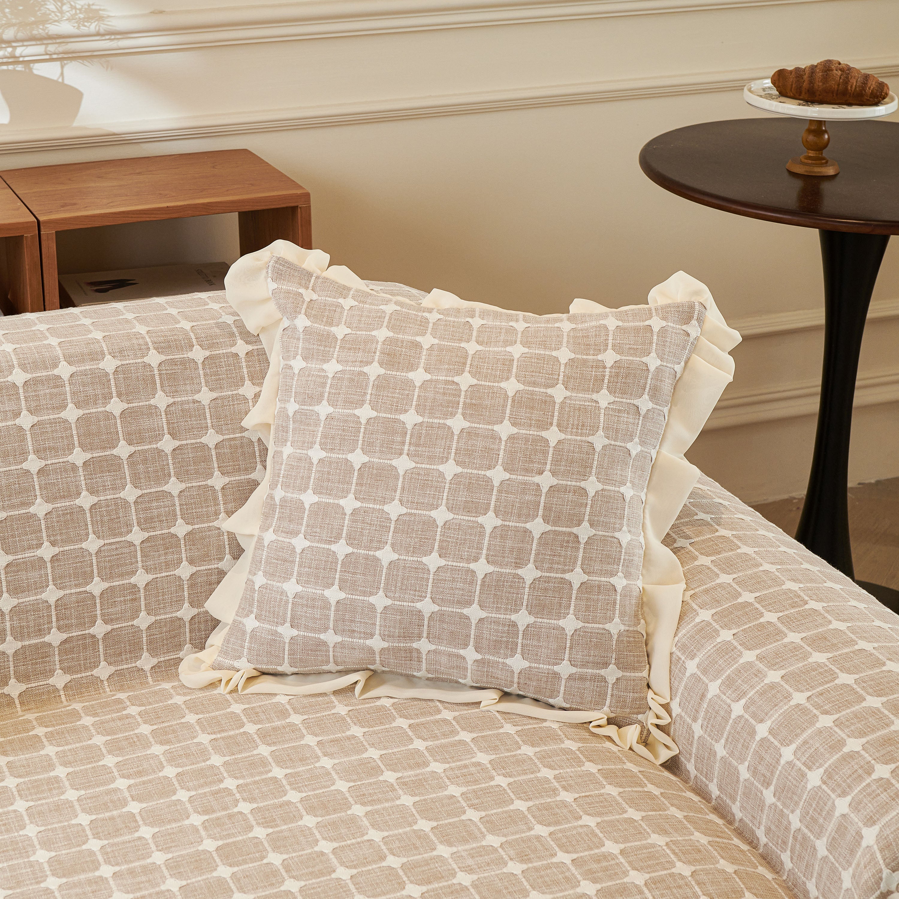 Grid Textured Sofa Cover With Sheer Ruffle Skirt, Pet-friendly Sofa Throw Slipcover