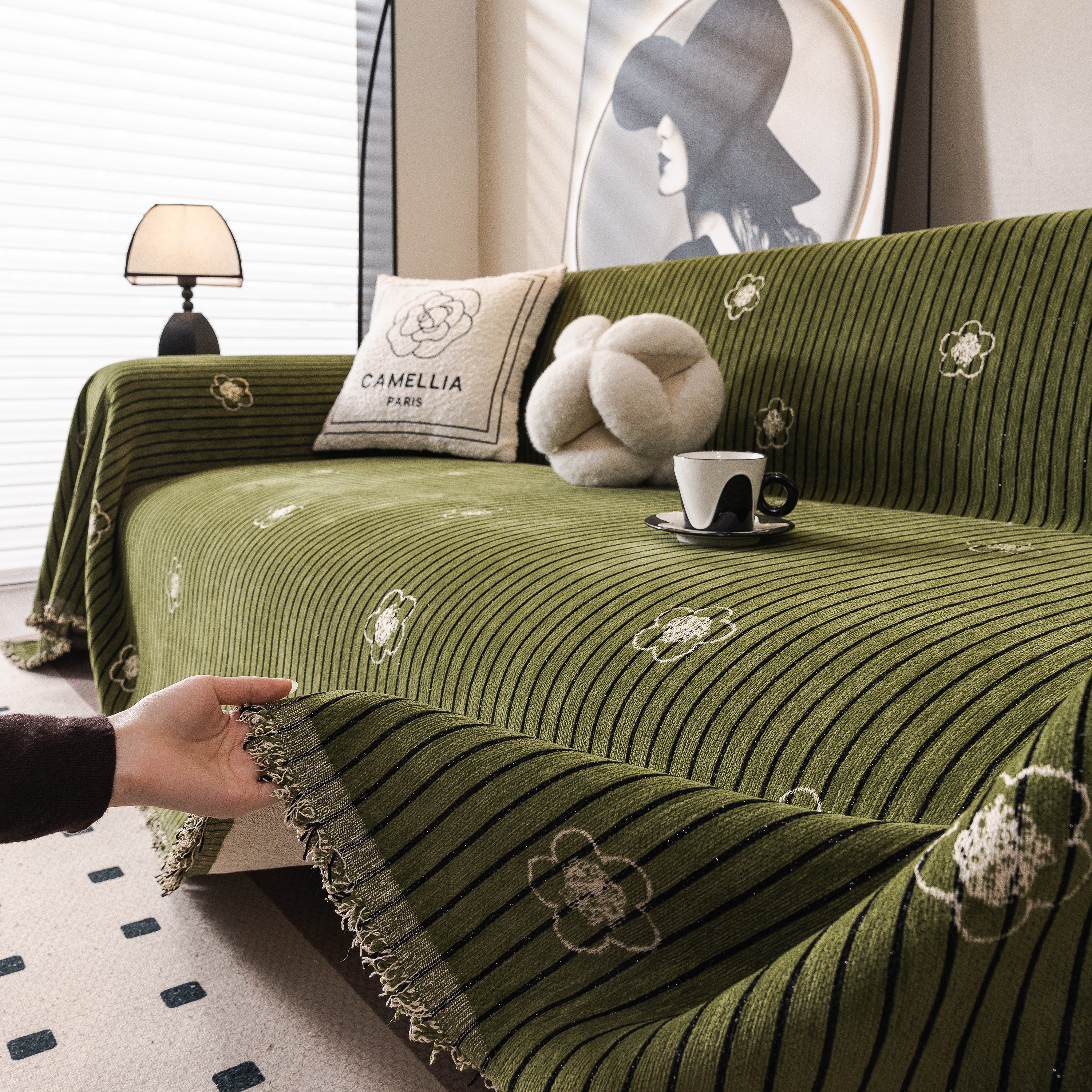 Chenille Camellia Floral Sofa Throw Cover Couch Blanket With Striped Jacquard