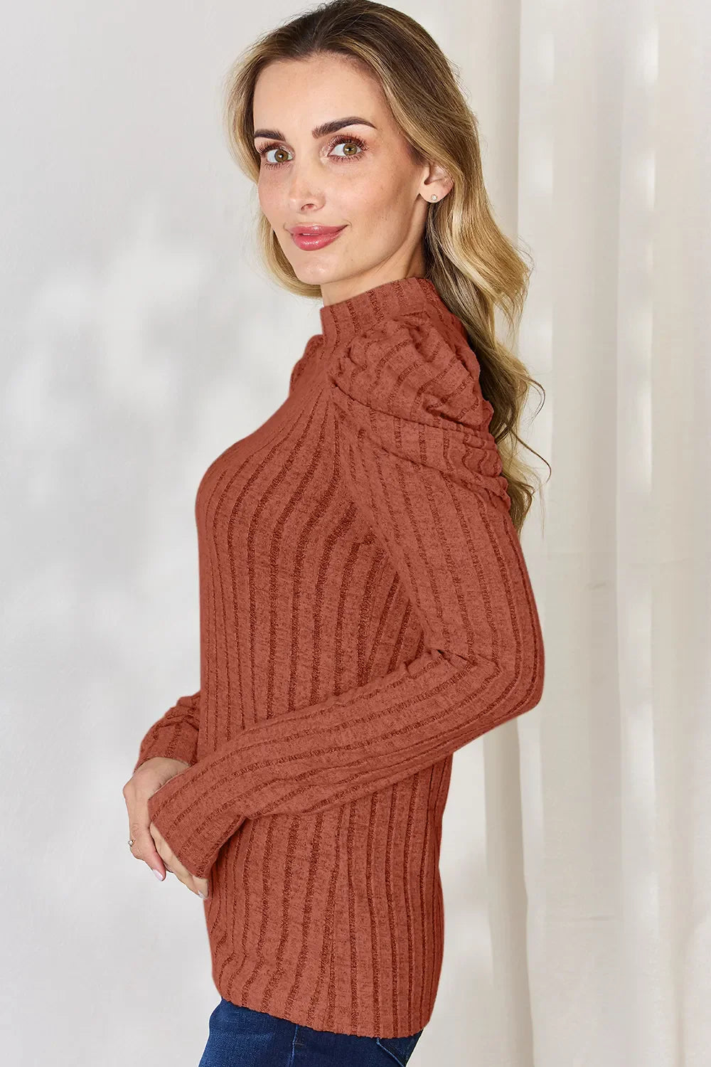 Basic Bae Full Size Ribbed Mock Neck Puff Sleeve T-shirt | Includes Plus Size