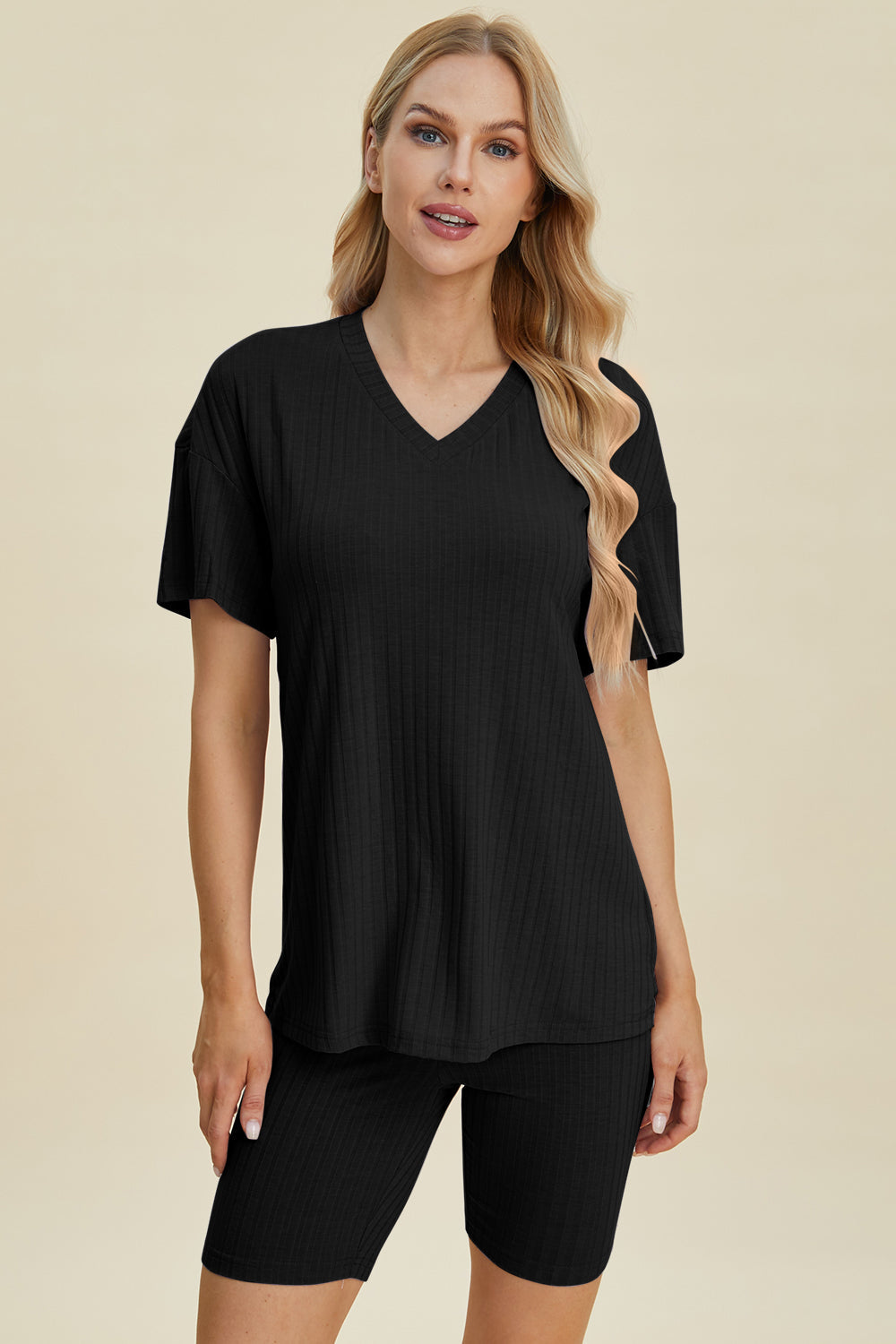 Basic Bae Full Size Ribbed V-neck Short Sleeve Top And Shorts Set