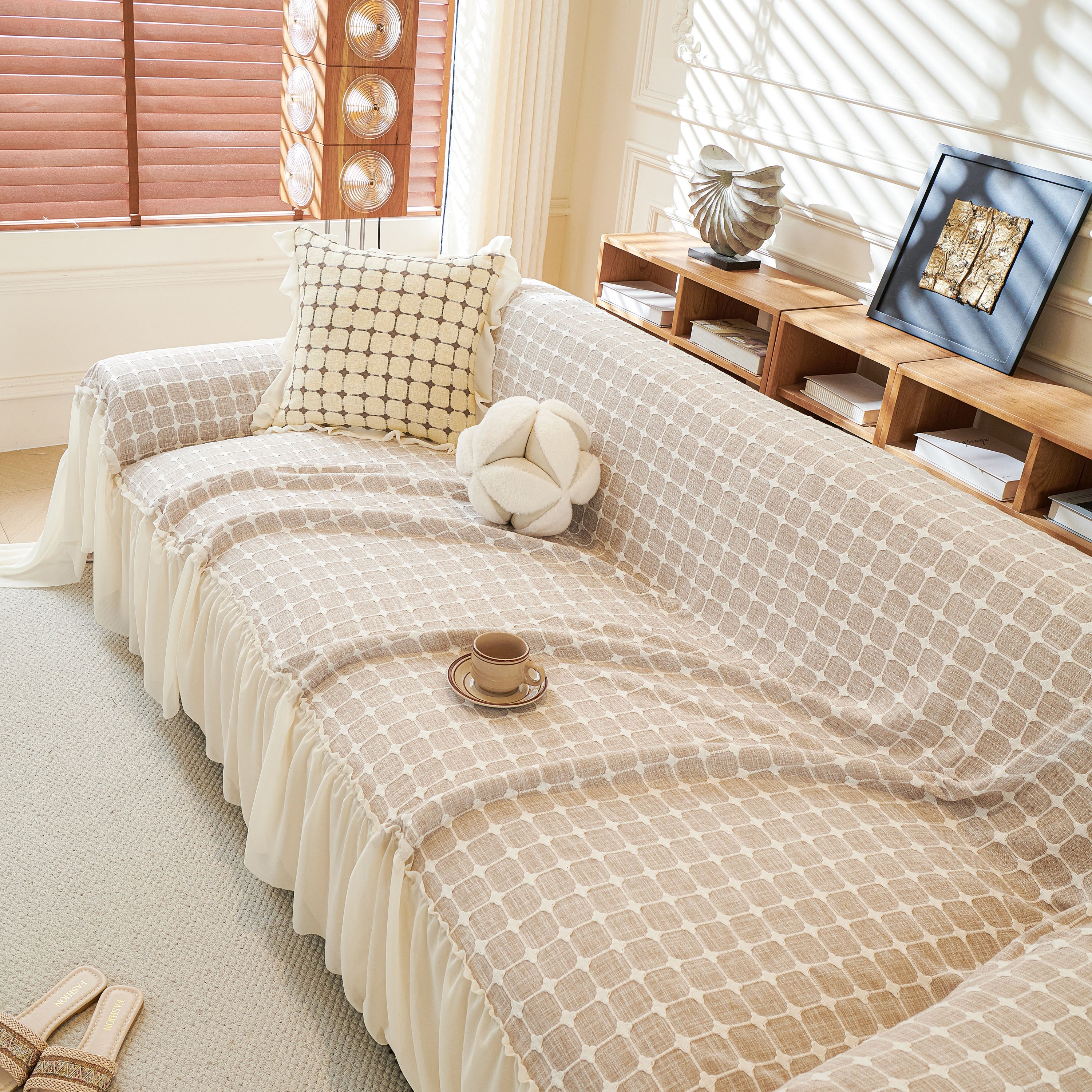 Grid Textured Sofa Cover With Sheer Ruffle Skirt, Pet-friendly Sofa Throw Slipcover