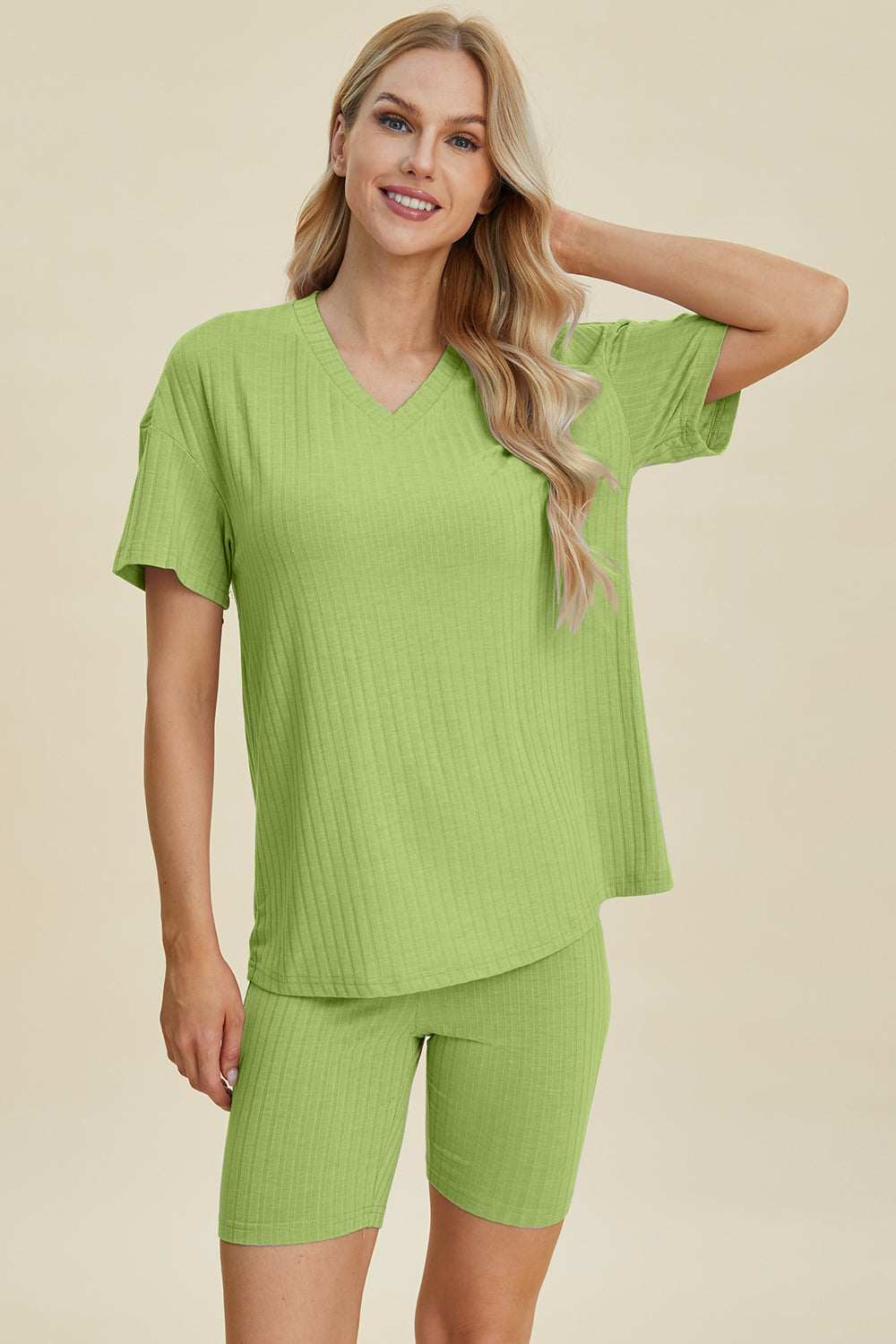 Basic Bae Full Size Ribbed V-neck Short Sleeve Top And Shorts Set