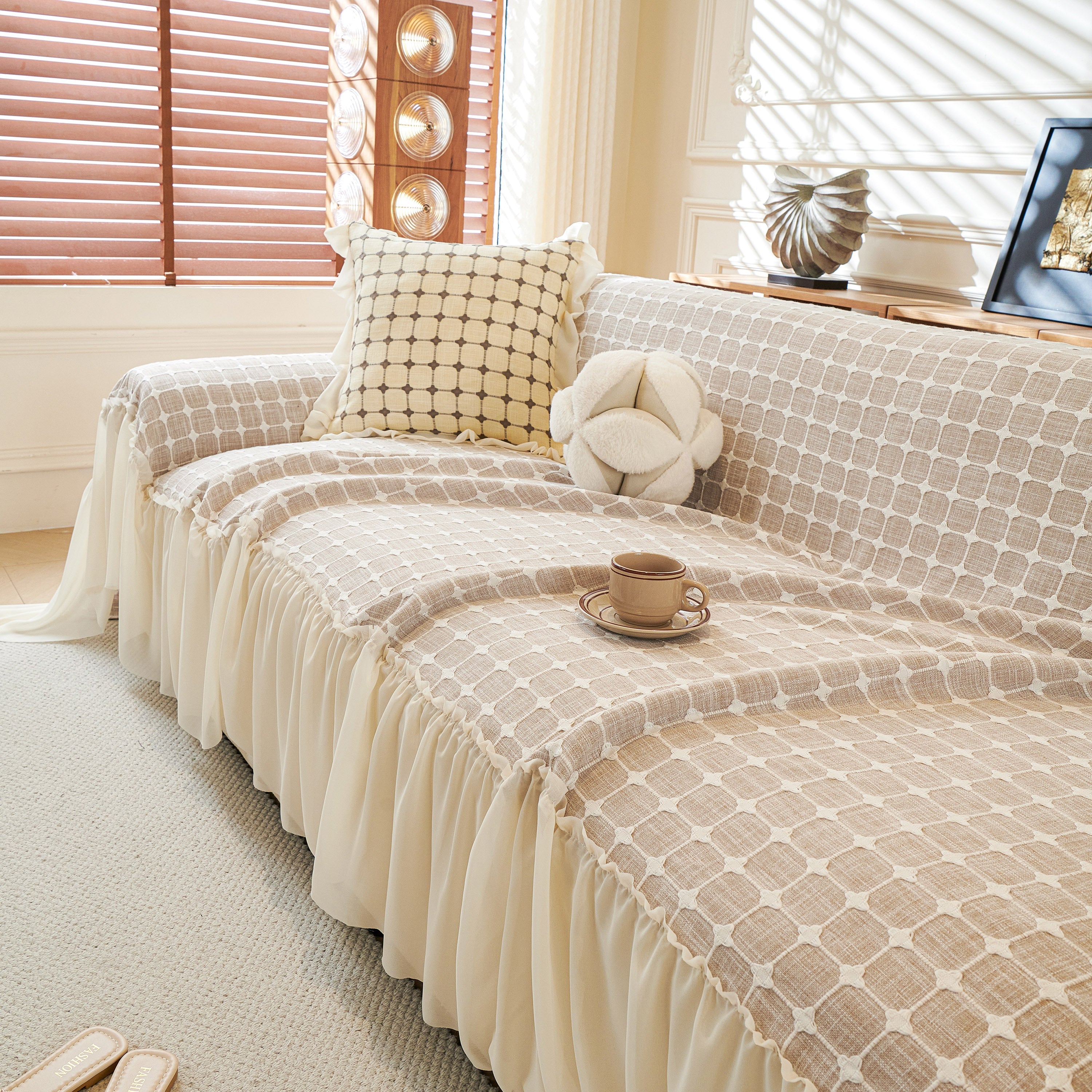 Grid Textured Sofa Cover With Sheer Ruffle Skirt, Pet-friendly Sofa Throw Slipcover