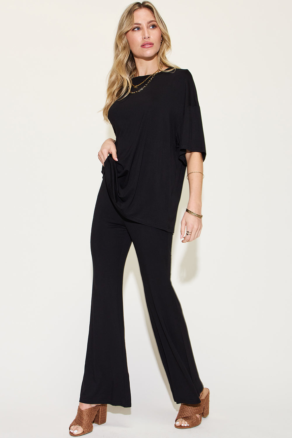 Basic Bae Full Size Bamboo Drop Shoulder T-shirt And Flare Pants Set