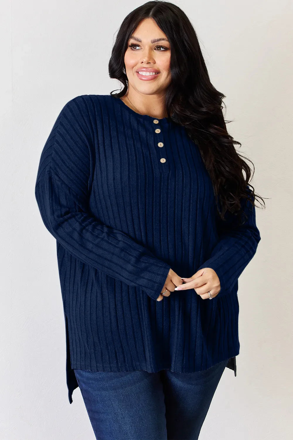 Basic Bae Full Size Ribbed Half Button Long Sleeve High-low Knit Top | Includes Plus Size