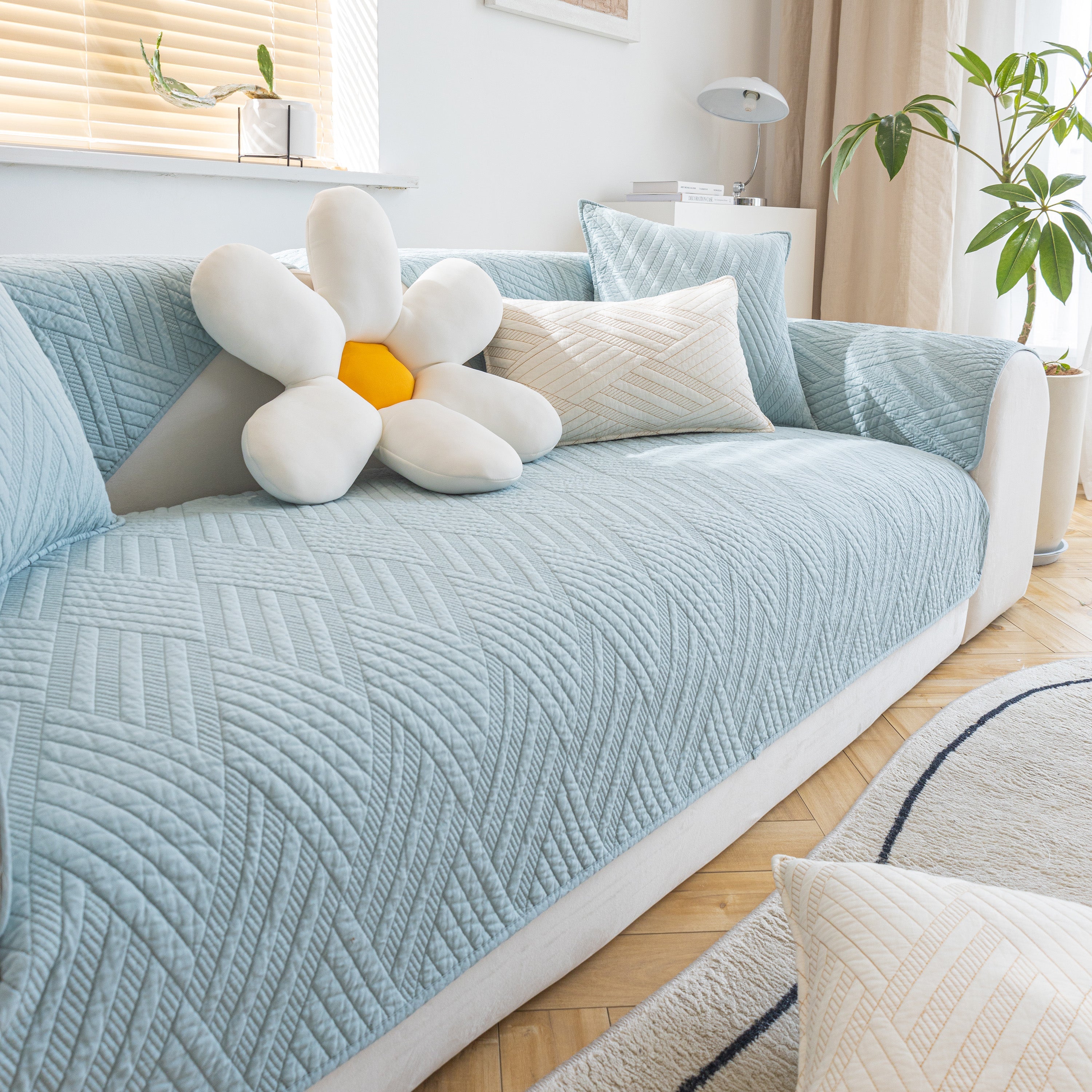 Quilted Geometric Cotton Sofa Cover, Non-slip & Thick Padded Furniture Covers
