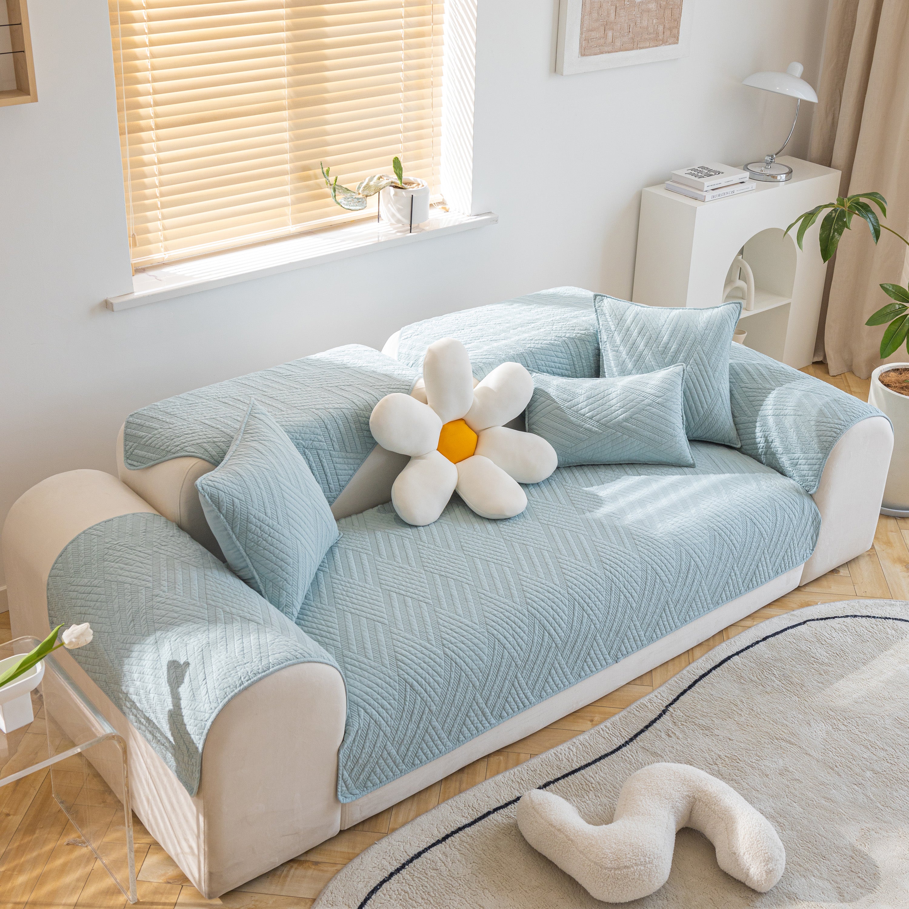 Quilted Geometric Cotton Sofa Cover, Non-slip & Thick Padded Furniture Covers