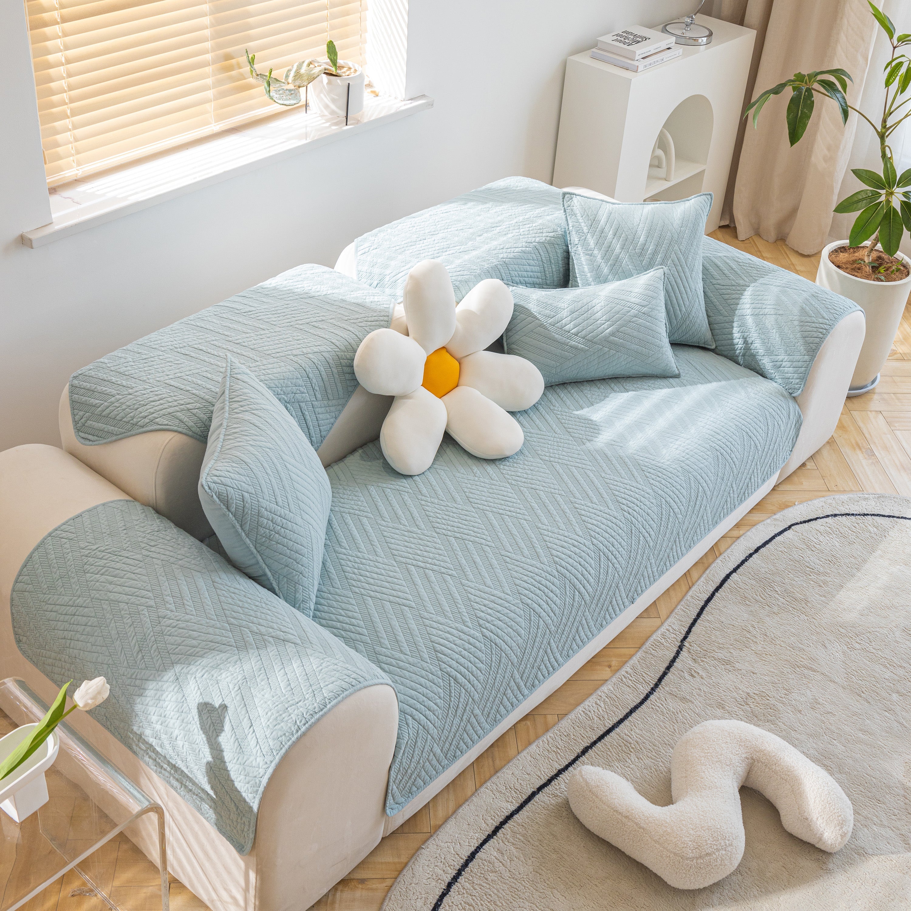 Quilted Geometric Cotton Sofa Cover, Non-slip & Thick Padded Furniture Covers