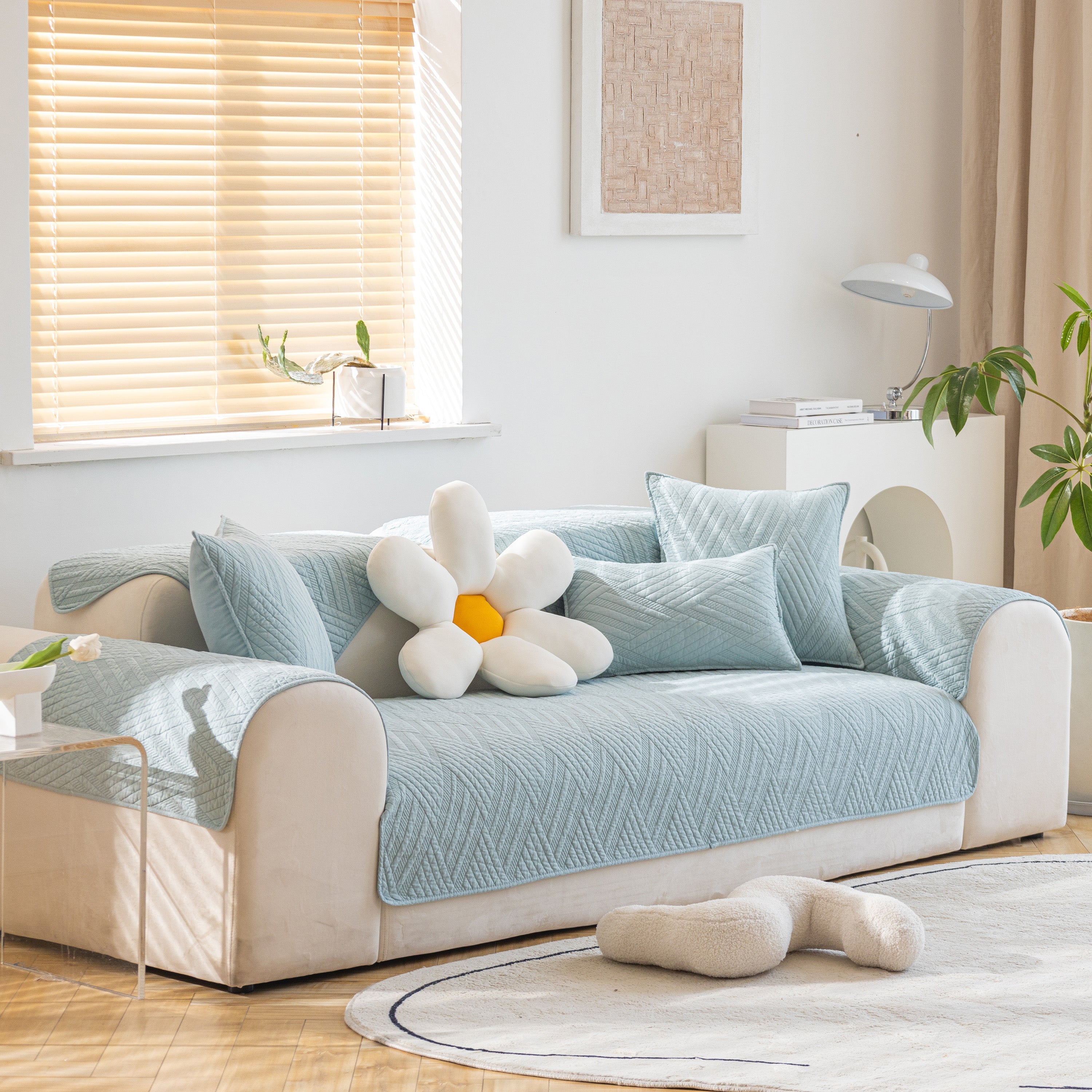 Quilted Geometric Cotton Sofa Cover, Non-slip & Thick Padded Furniture Covers