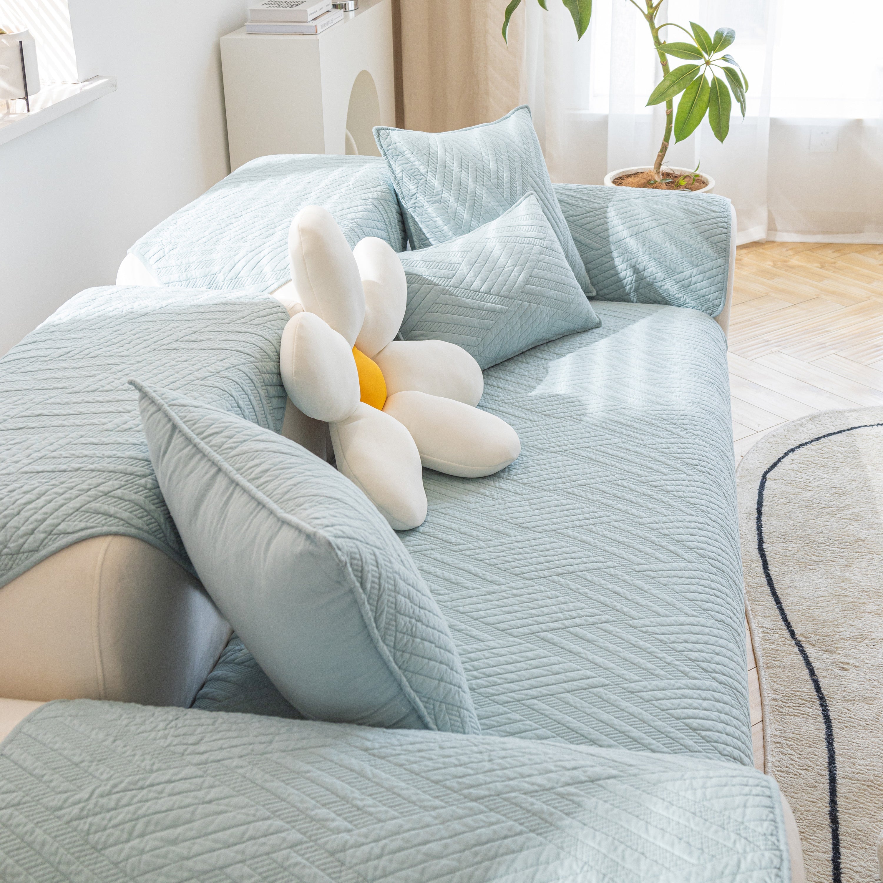 Quilted Geometric Cotton Sofa Cover, Non-slip & Thick Padded Furniture Covers