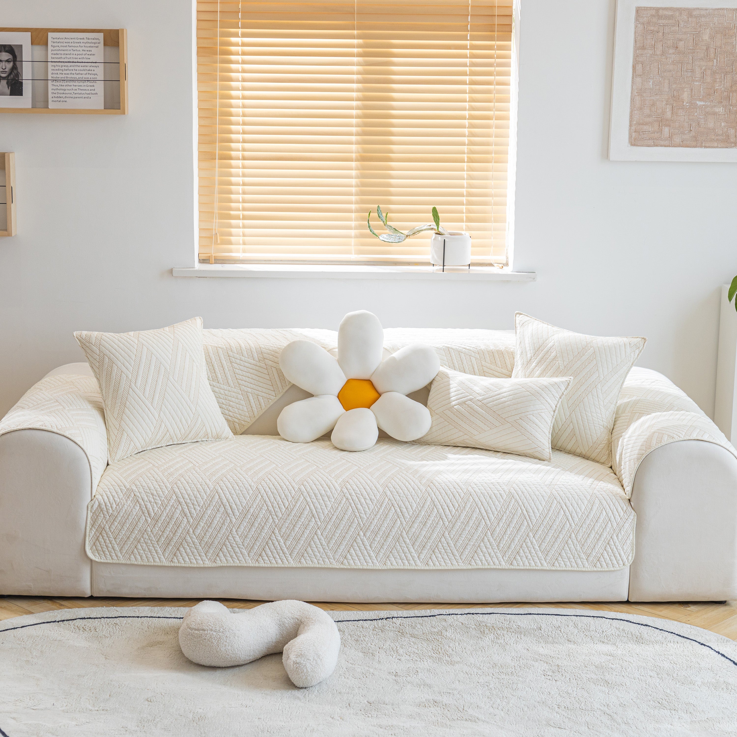 Quilted Geometric Cotton Sofa Cover, Non-slip & Thick Padded Furniture Covers
