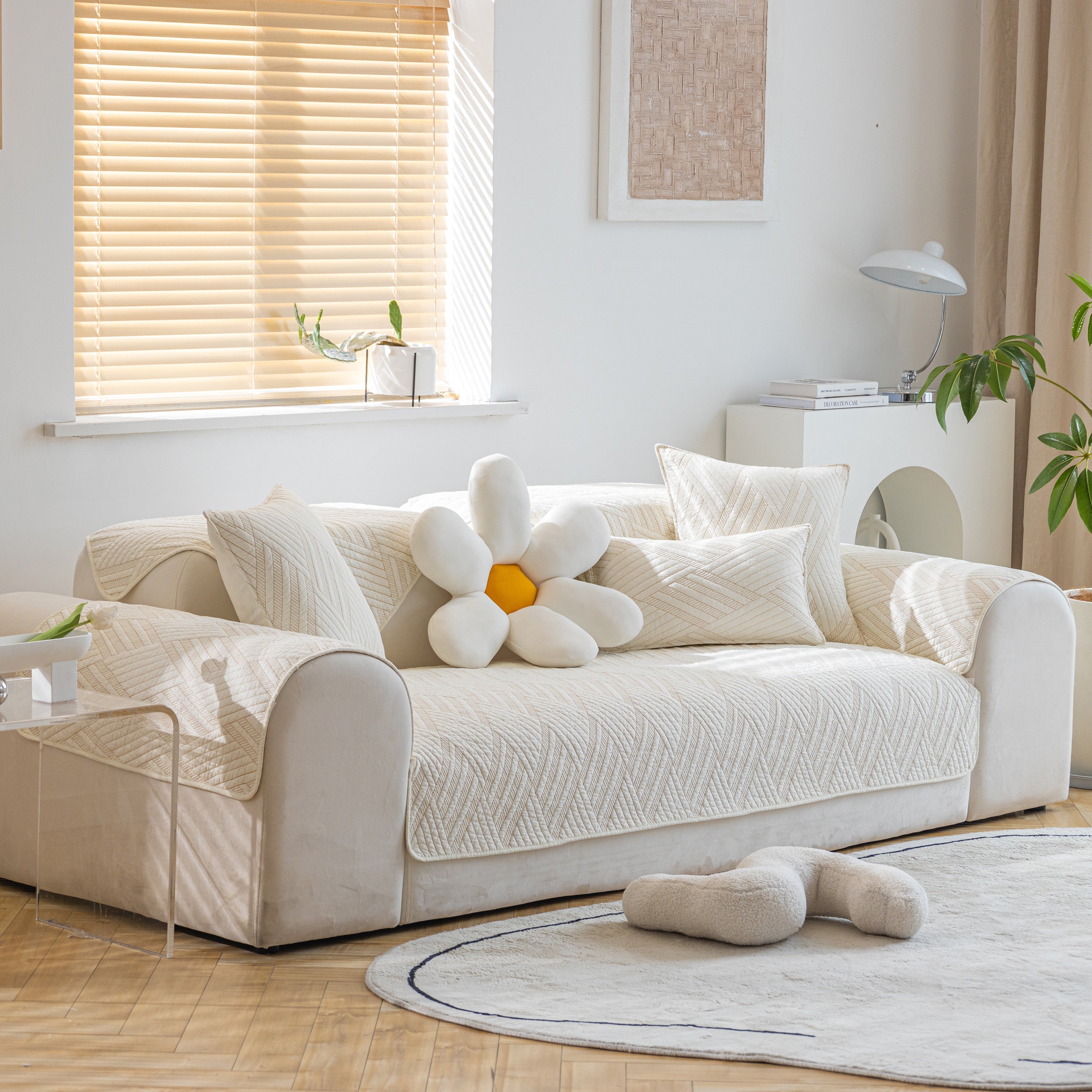 Quilted Geometric Cotton Sofa Cover, Non-slip & Thick Padded Furniture Covers
