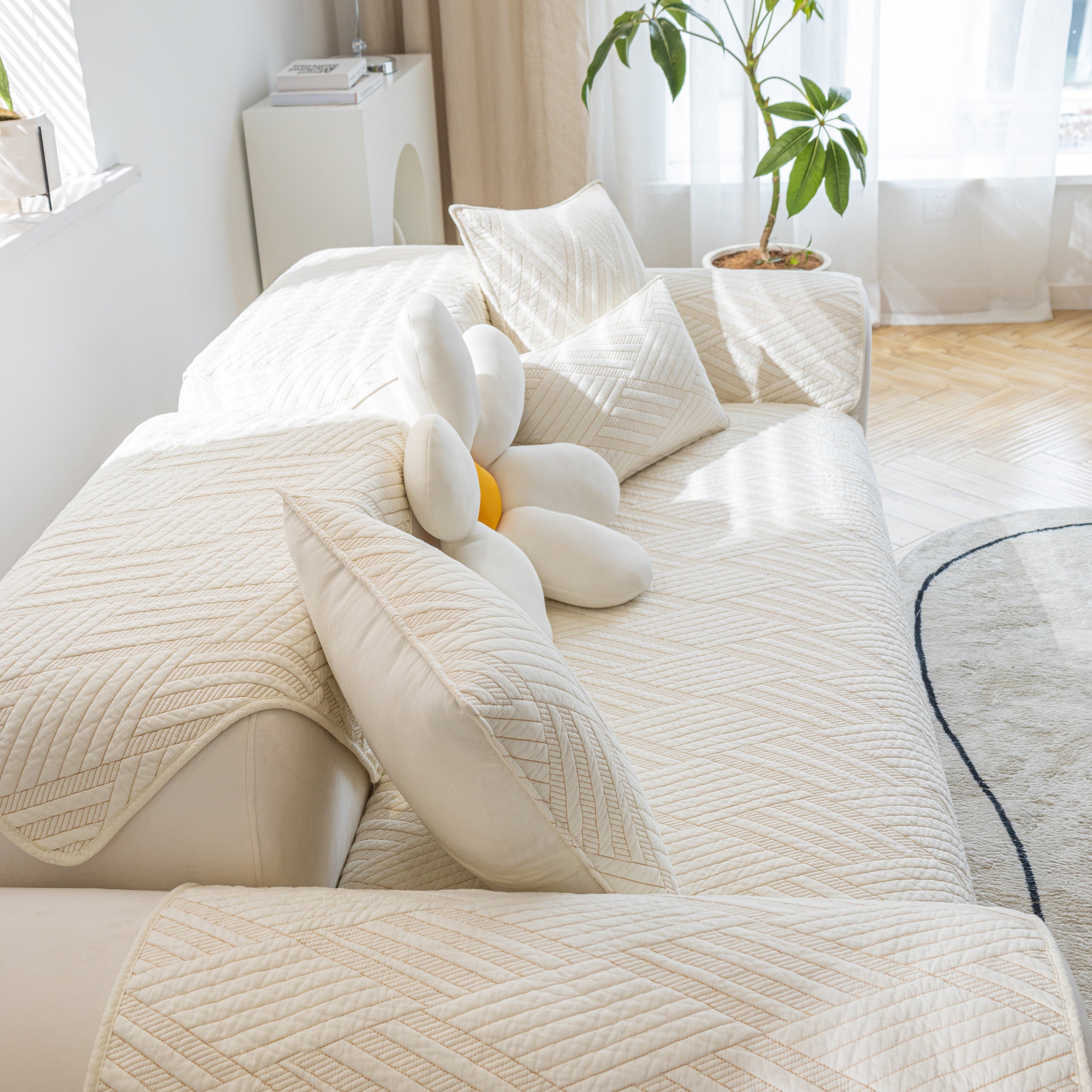 Quilted Geometric Cotton Sofa Cover, Non-slip & Thick Padded Furniture Covers