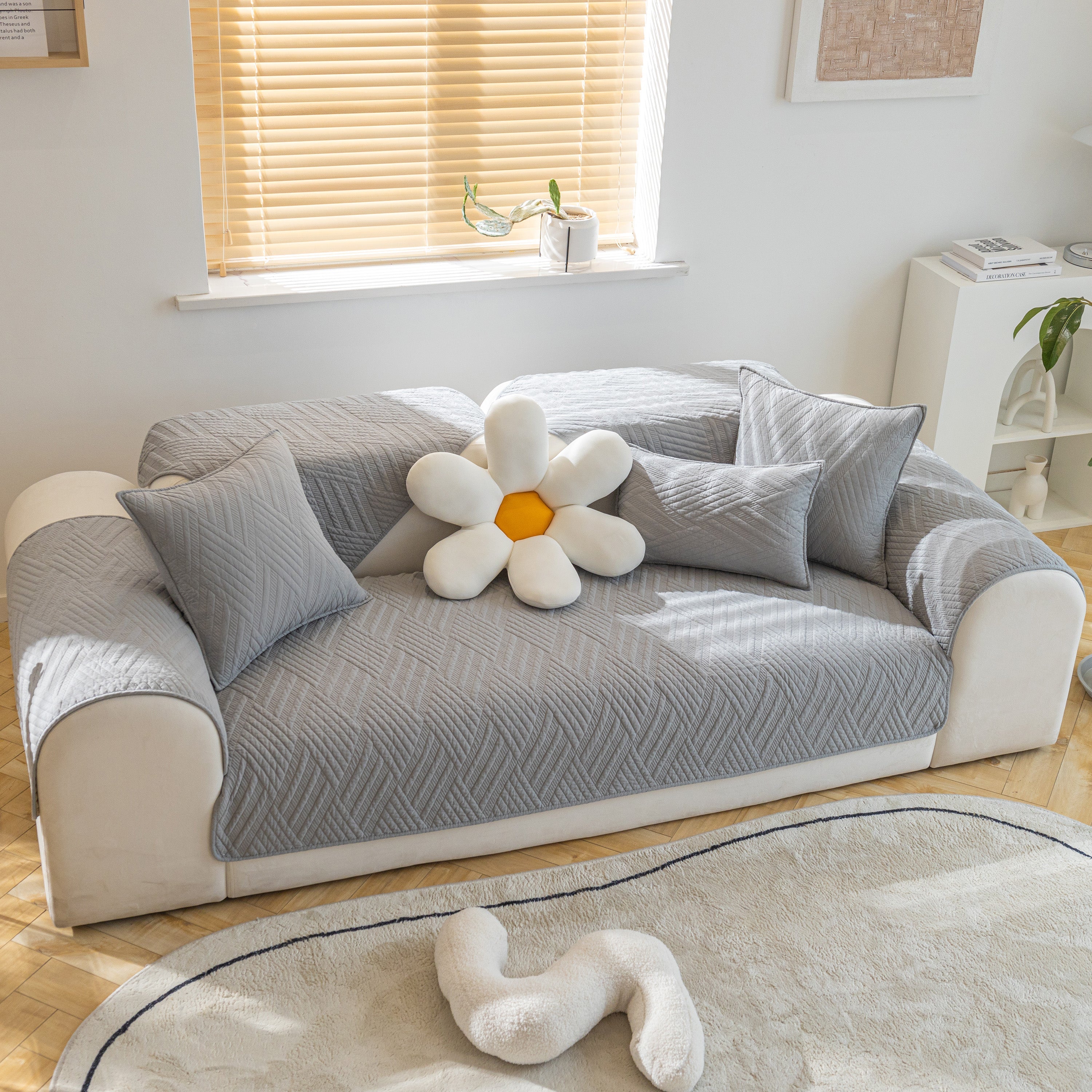 Quilted Geometric Cotton Sofa Cover, Non-slip & Thick Padded Furniture Covers