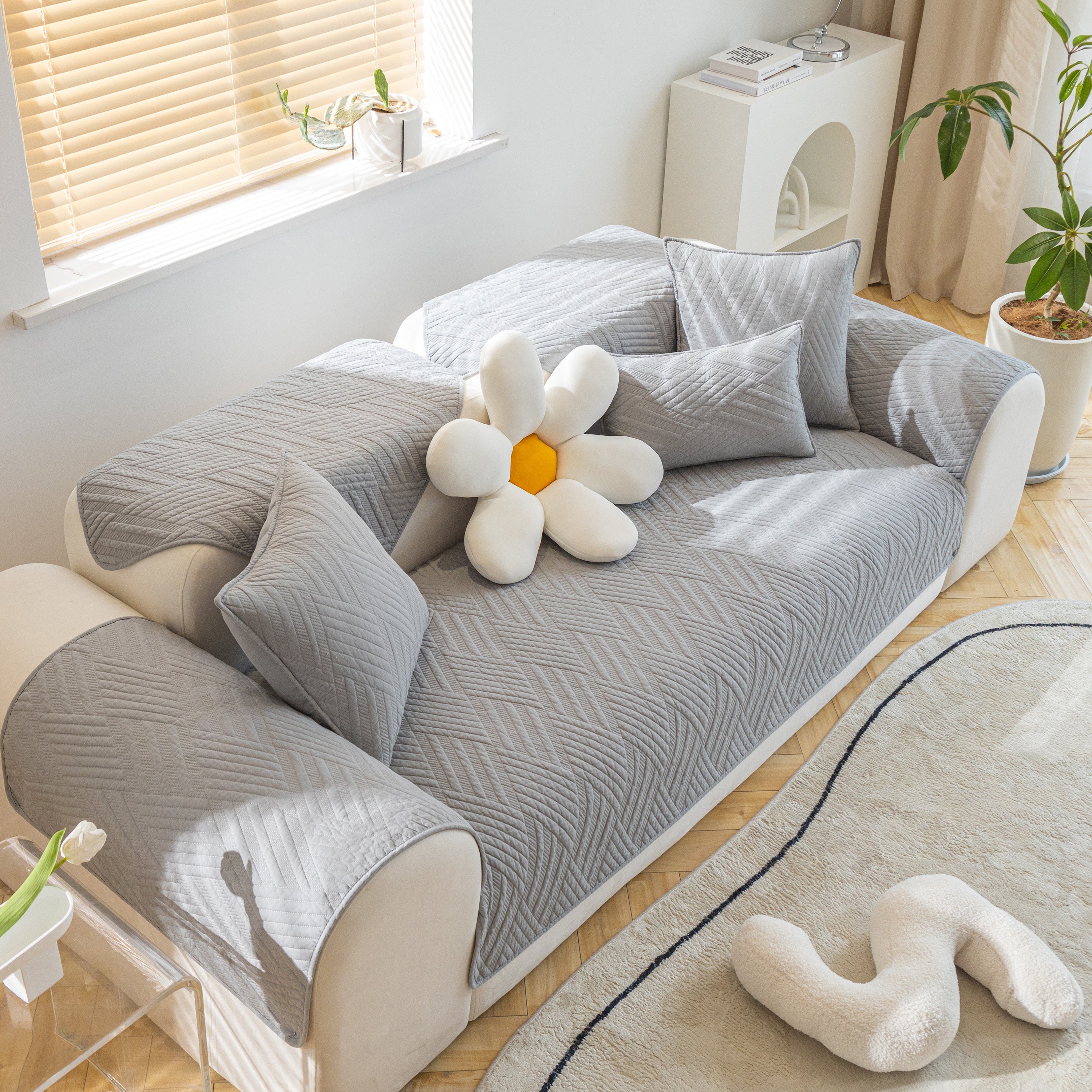 Quilted Geometric Cotton Sofa Cover, Non-slip & Thick Padded Furniture Covers