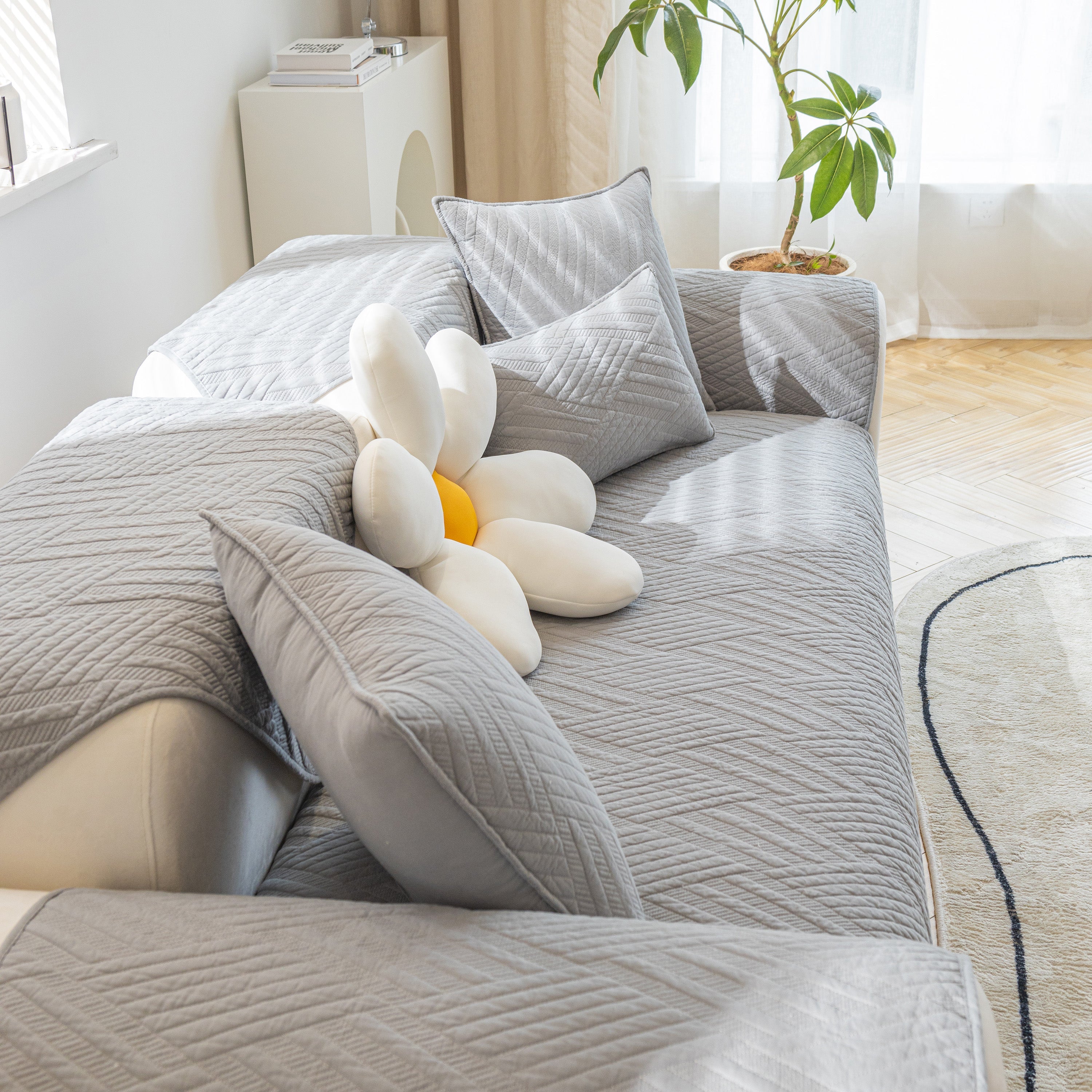 Quilted Geometric Cotton Sofa Cover, Non-slip & Thick Padded Furniture Covers