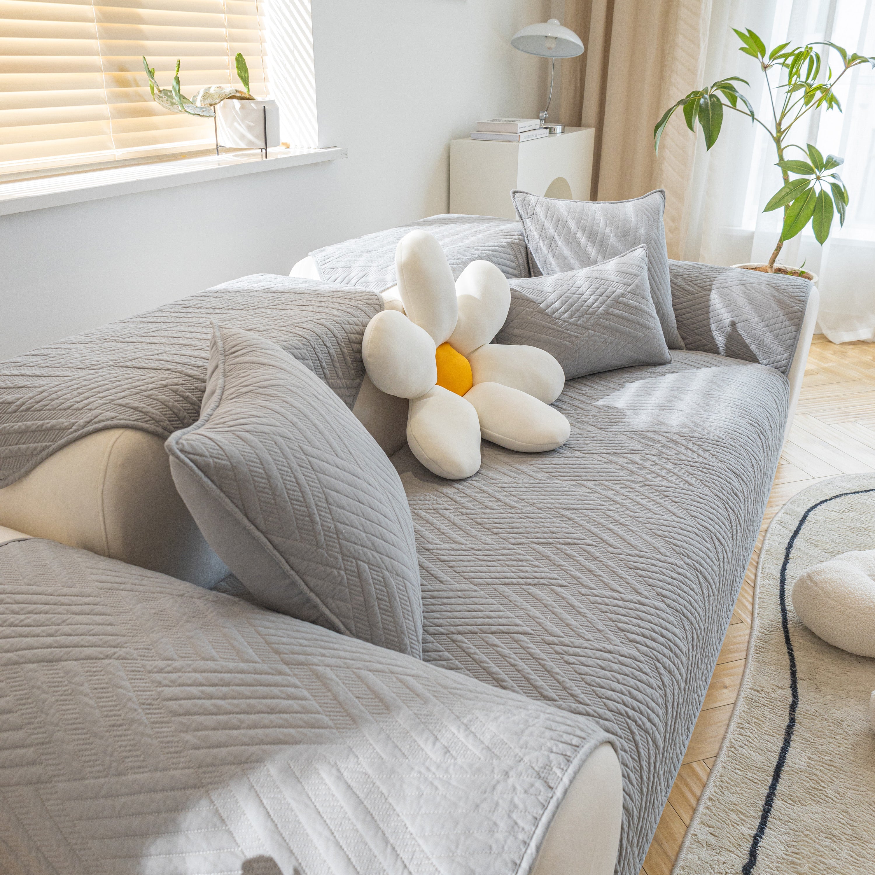 Quilted Geometric Cotton Sofa Cover, Non-slip & Thick Padded Furniture Covers