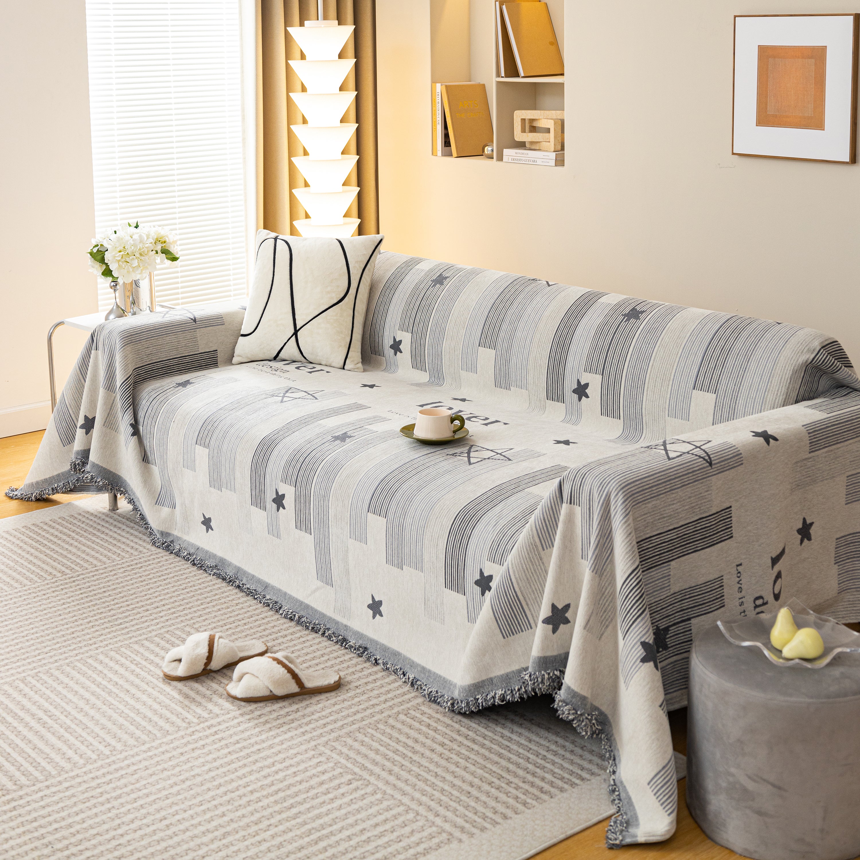 Geometric Chenille Sofa Throw Cover, Breathable Couch Protector With Tassel Fringe