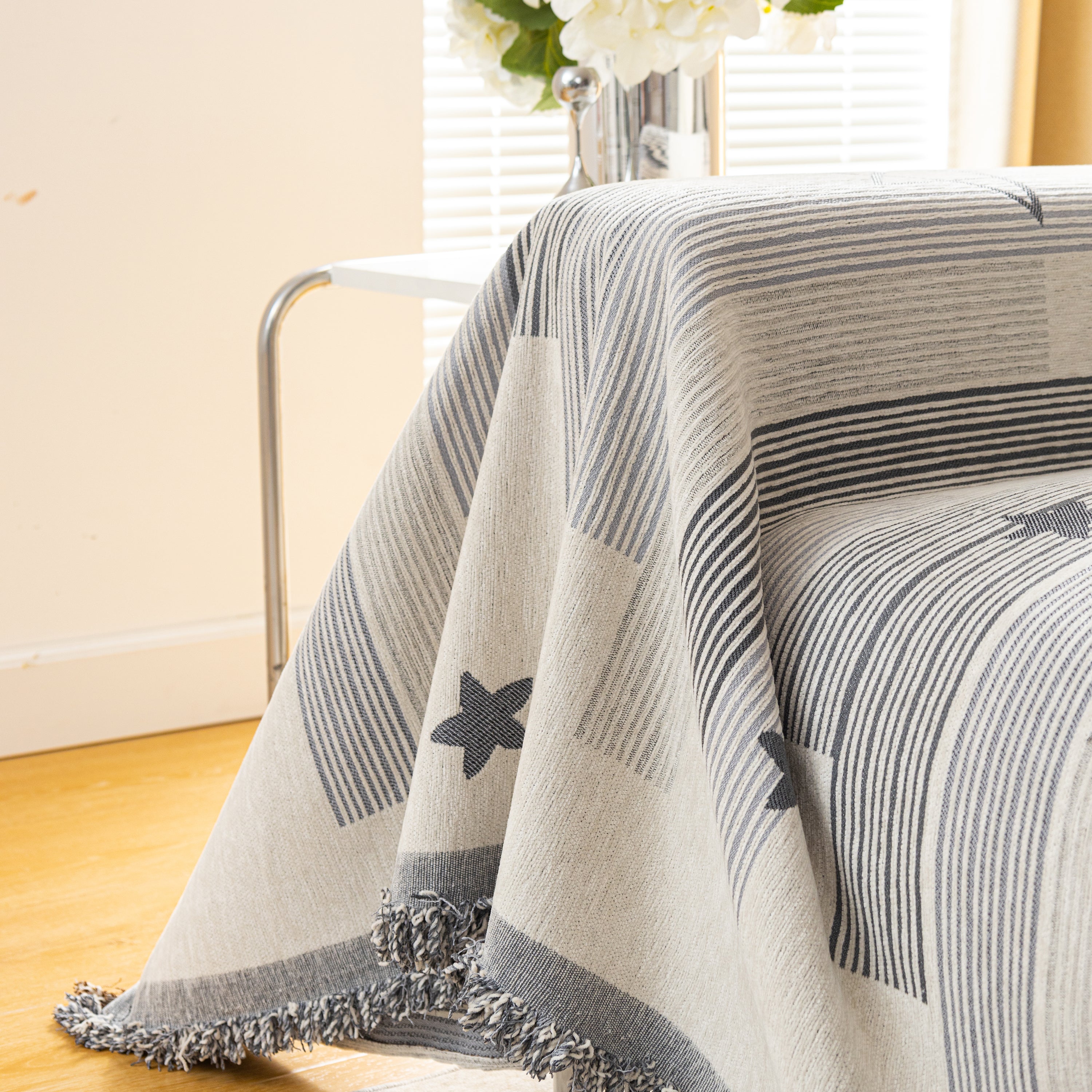 Geometric Chenille Sofa Throw Cover, Breathable Couch Protector With Tassel Fringe