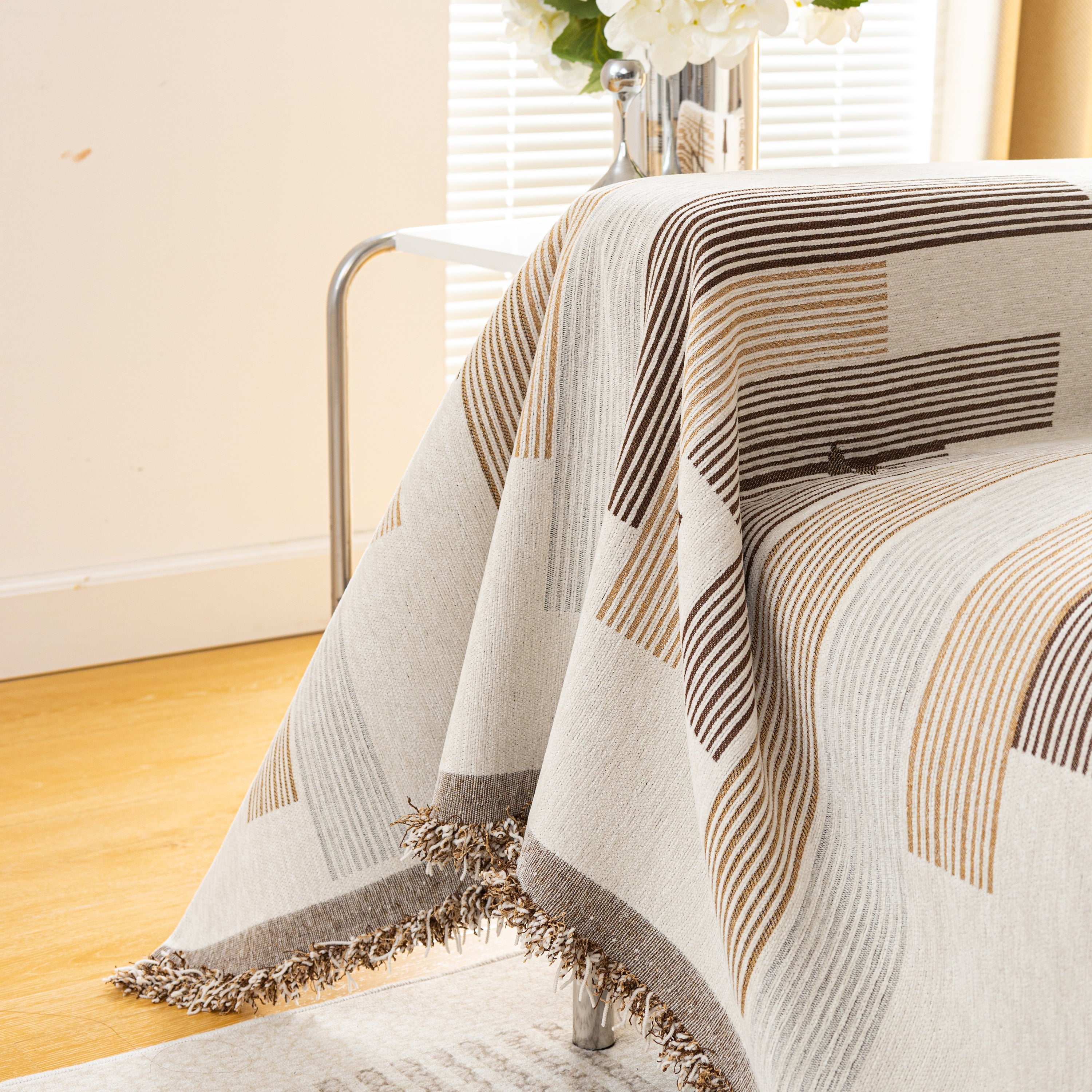 Geometric Chenille Sofa Throw Cover, Breathable Couch Protector With Tassel Fringe