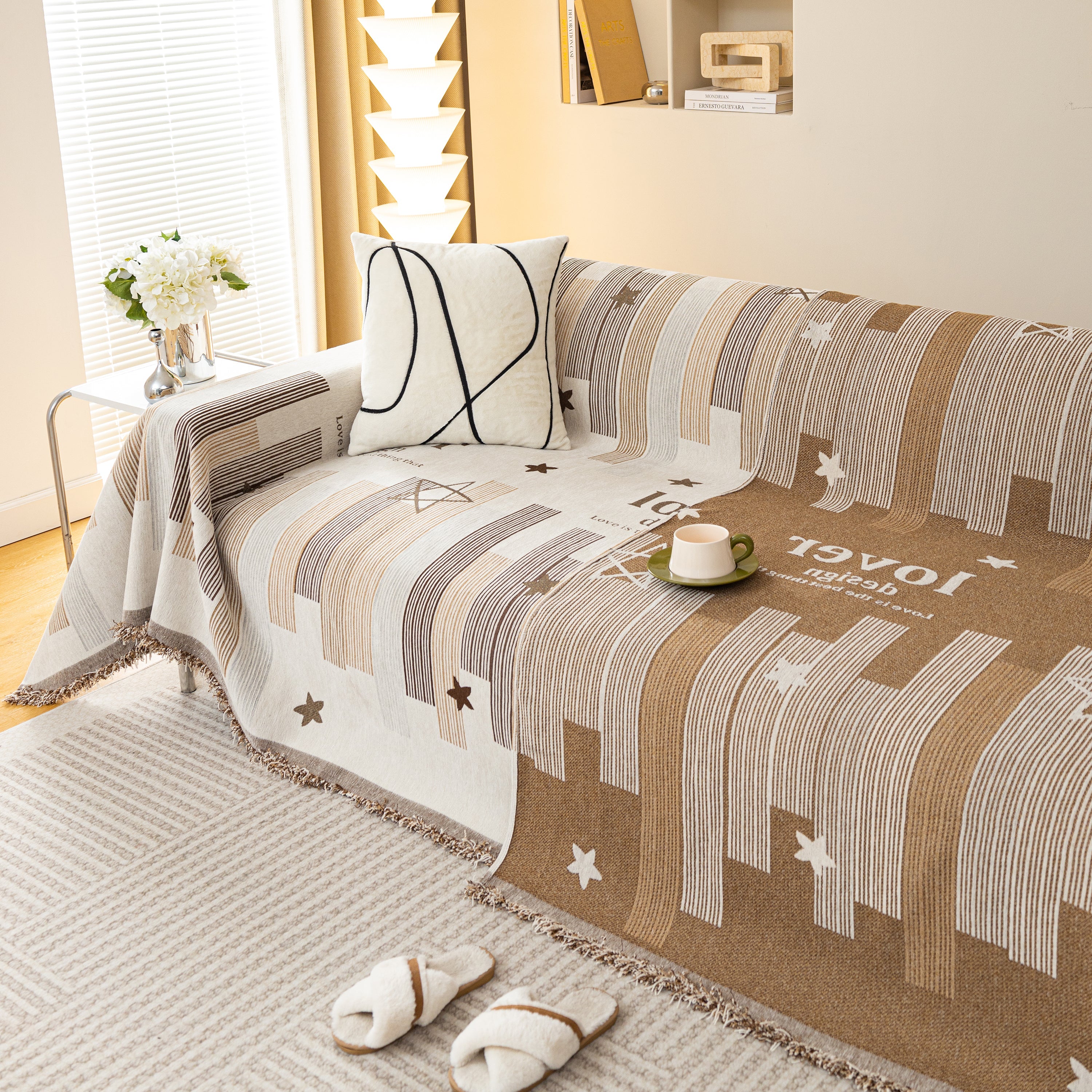 Geometric Chenille Sofa Throw Cover, Breathable Couch Protector With Tassel Fringe