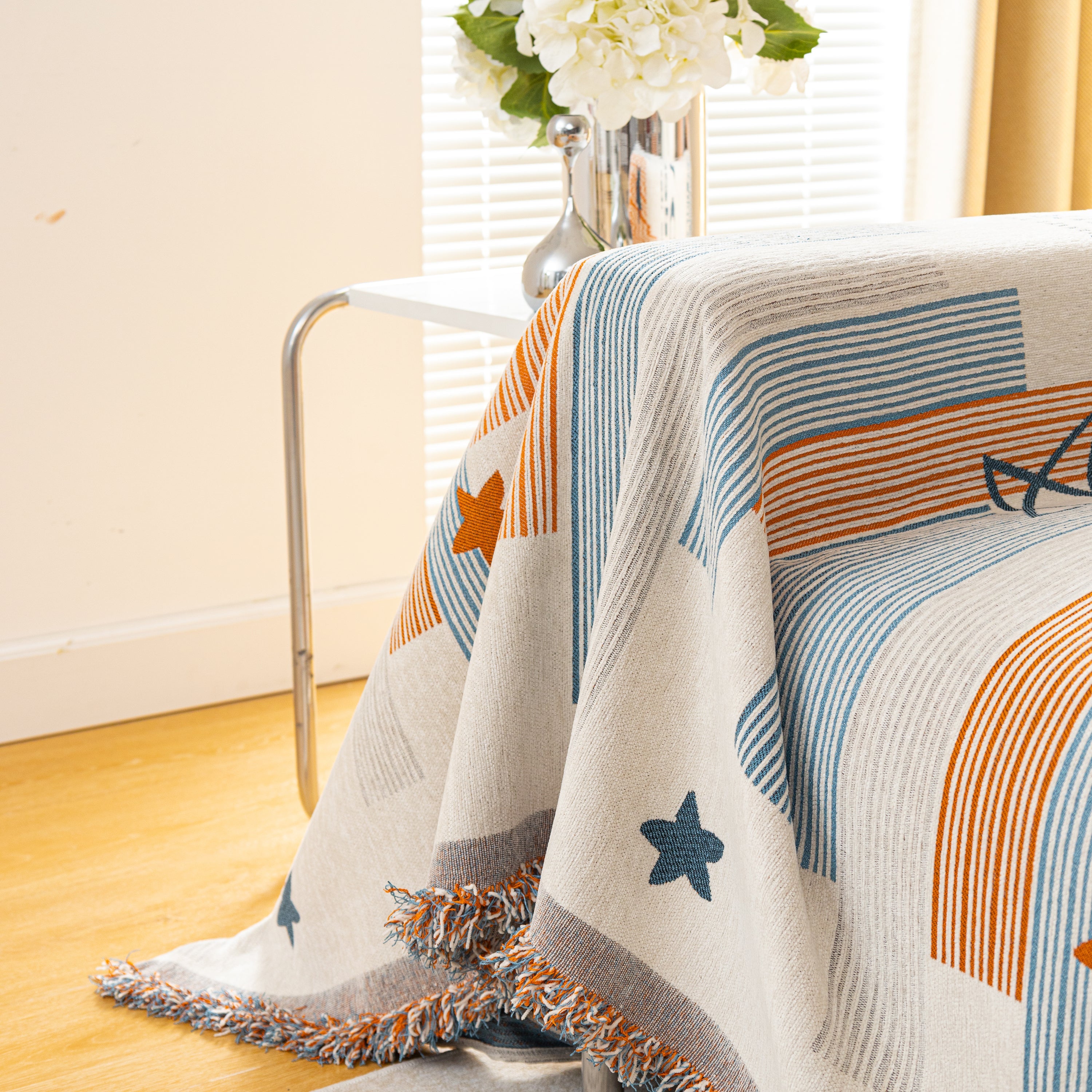 Geometric Chenille Sofa Throw Cover, Breathable Couch Protector With Tassel Fringe