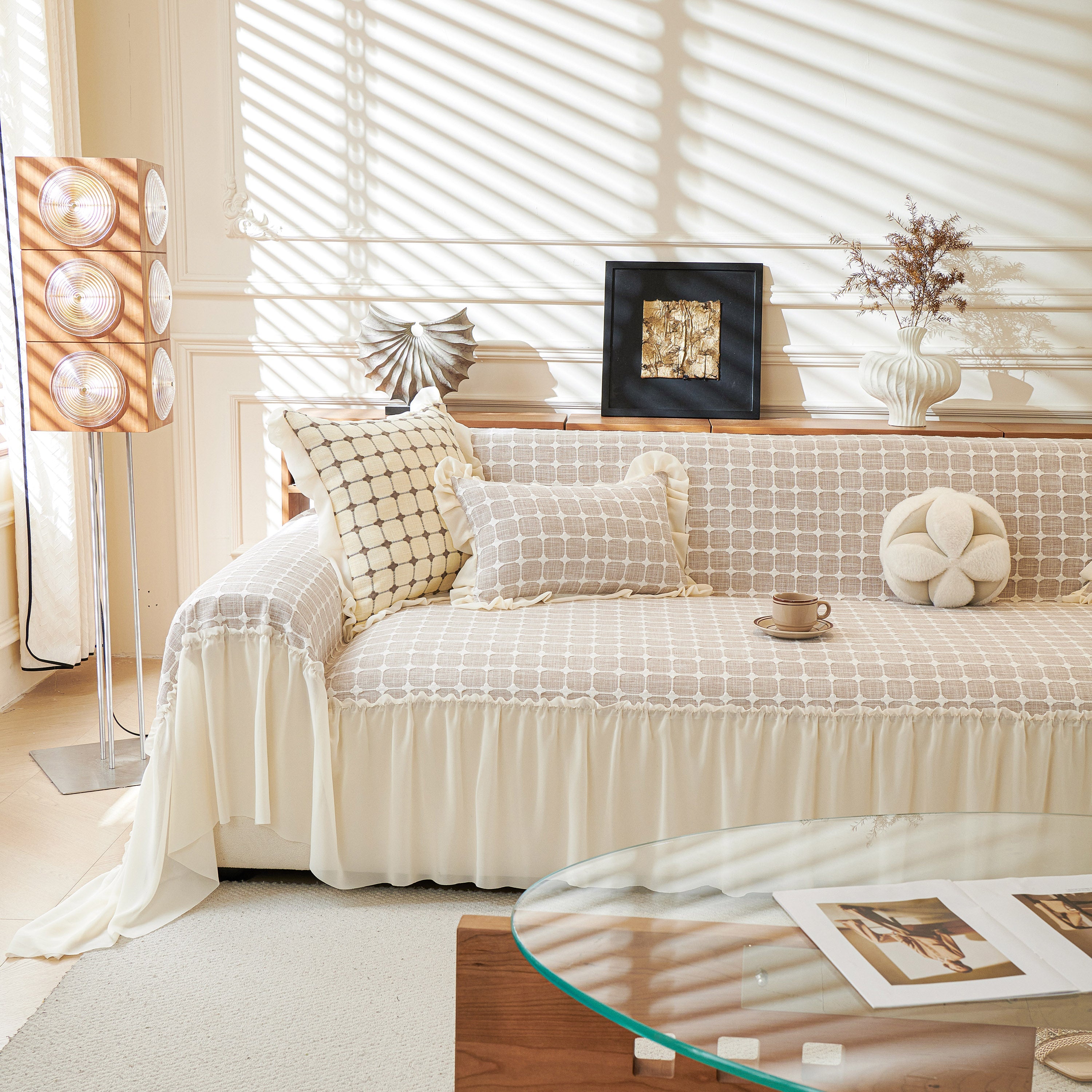 Grid Textured Sofa Cover With Sheer Ruffle Skirt, Pet-friendly Sofa Throw Slipcover