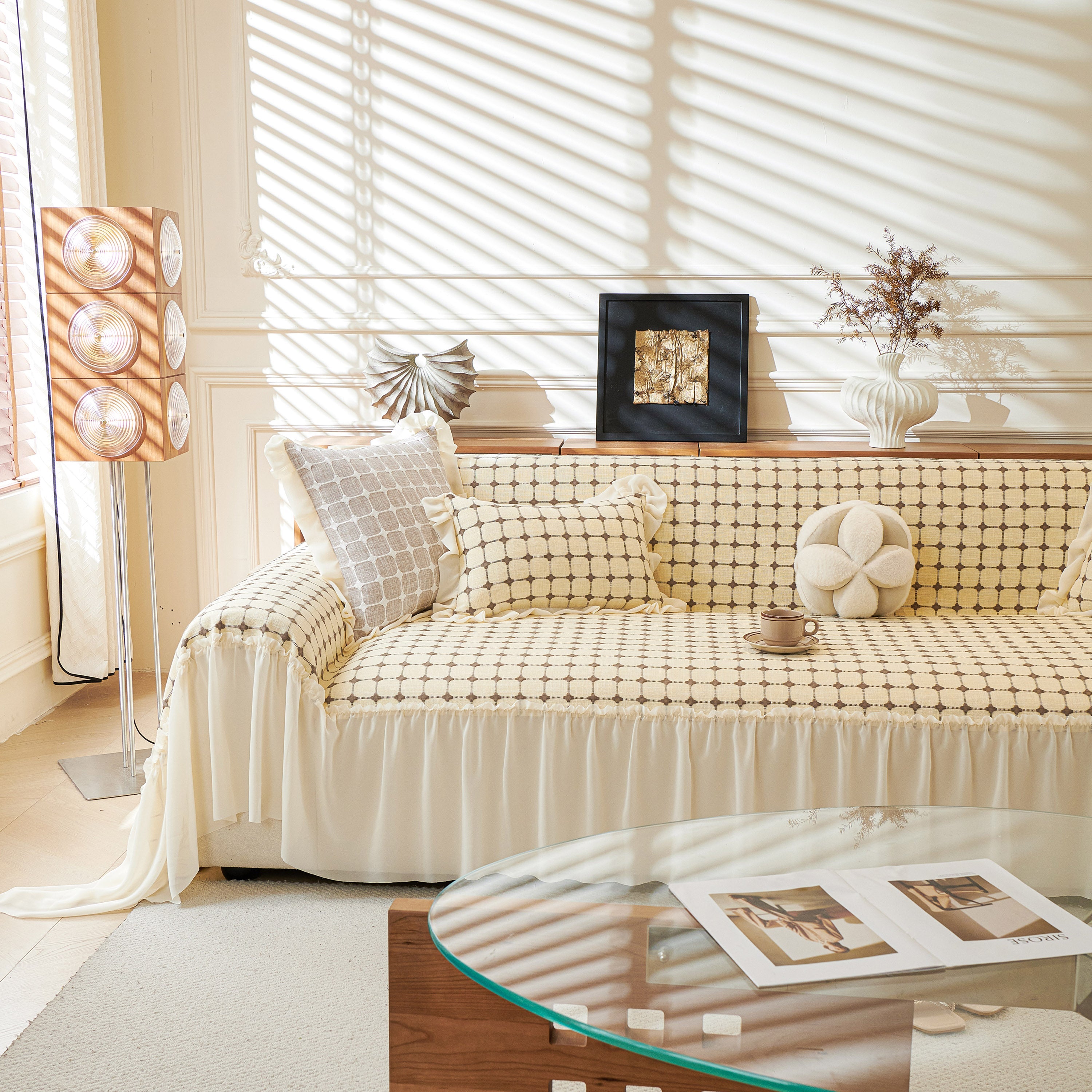 Grid Textured Sofa Cover With Sheer Ruffle Skirt, Pet-friendly Sofa Throw Slipcover
