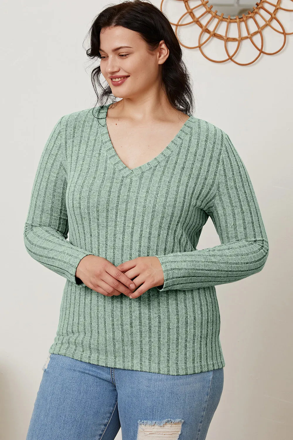 Basic Bae Full Size Ribbed V-neck Long Sleeve Knit Top | Includes Plus Size
