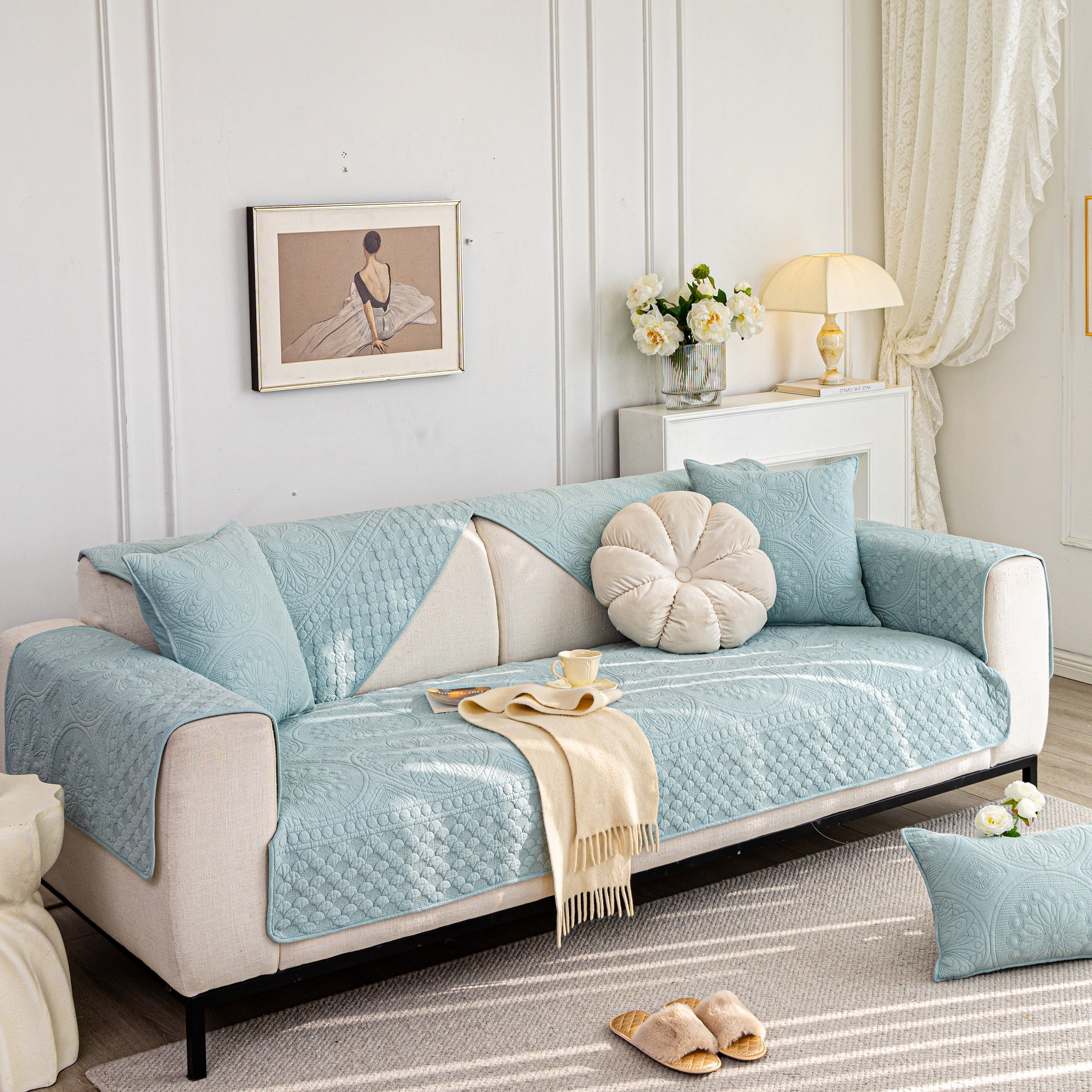 Cotton Quilted Sofa Cover, Non-slip Couch Protector Fits Backrest, Seat & Armrest