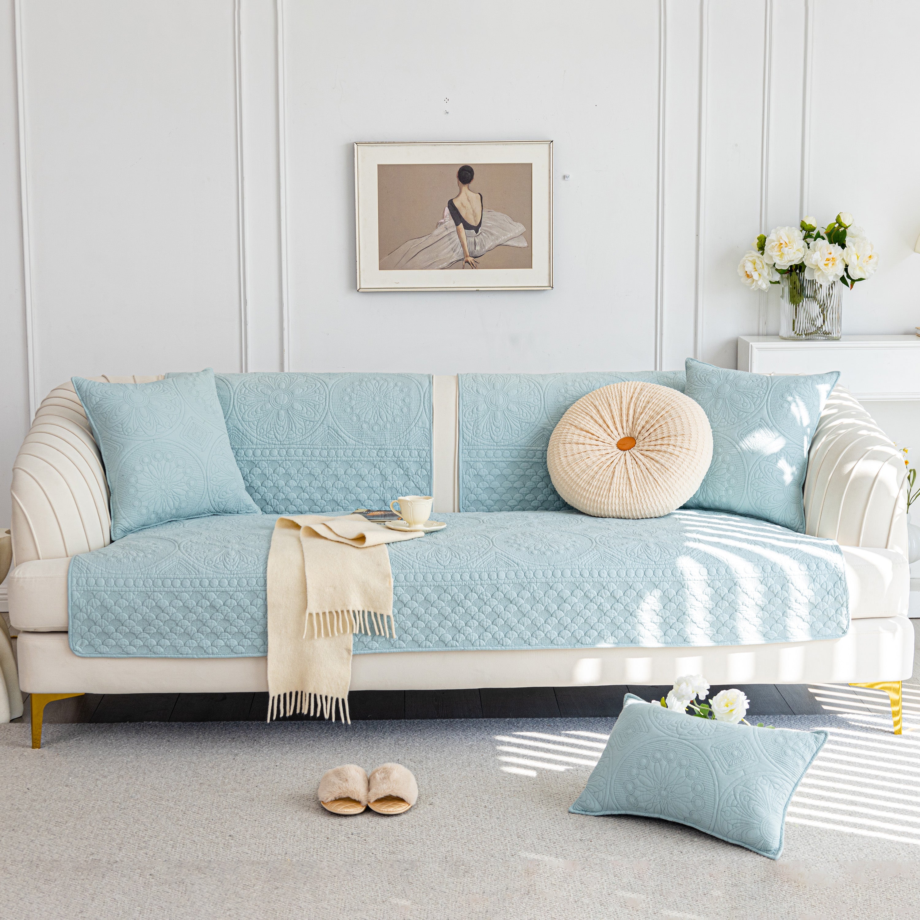 Cotton Quilted Sofa Cover, Non-slip Couch Protector Fits Backrest, Seat & Armrest