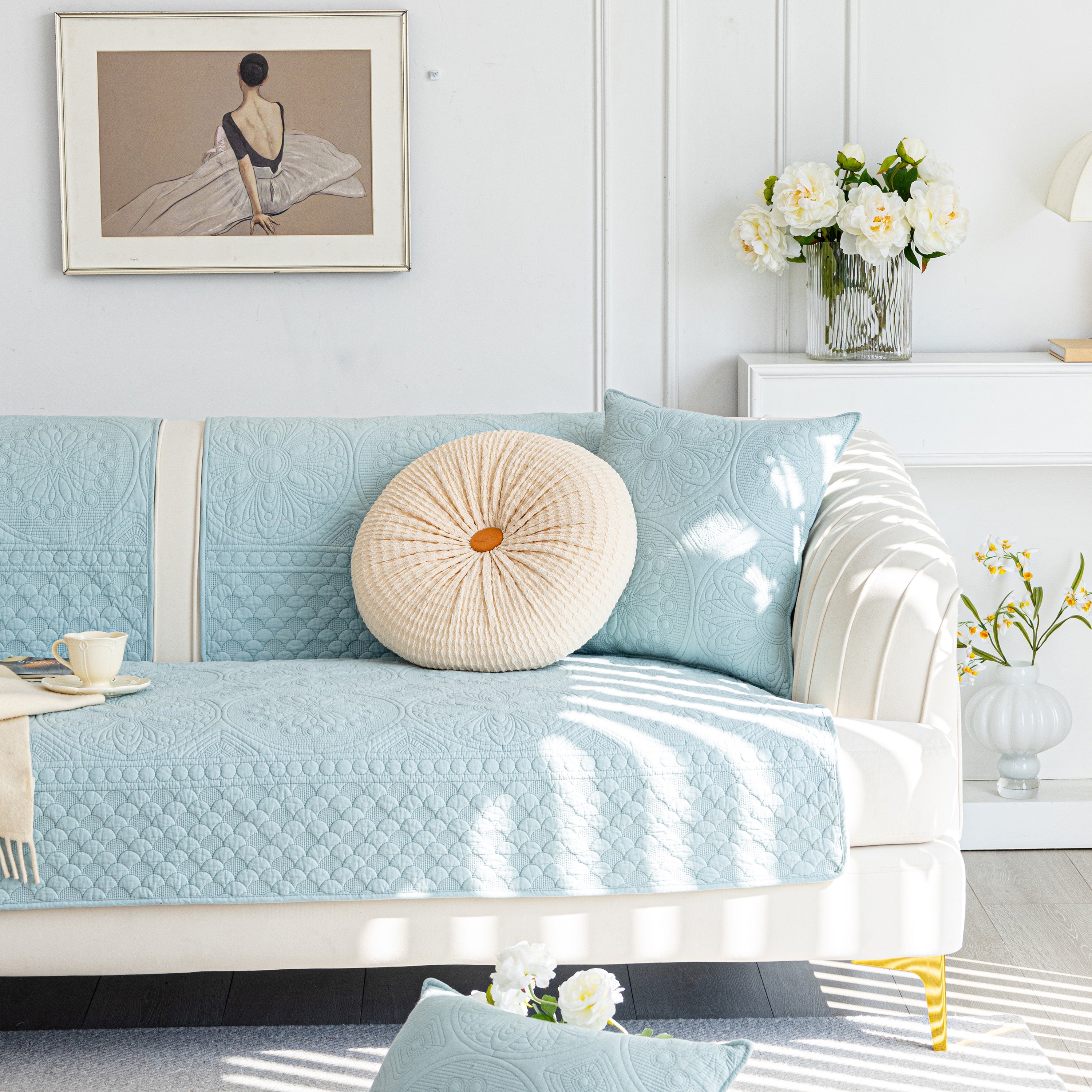 Cotton Quilted Sofa Cover, Non-slip Couch Protector Fits Backrest, Seat & Armrest