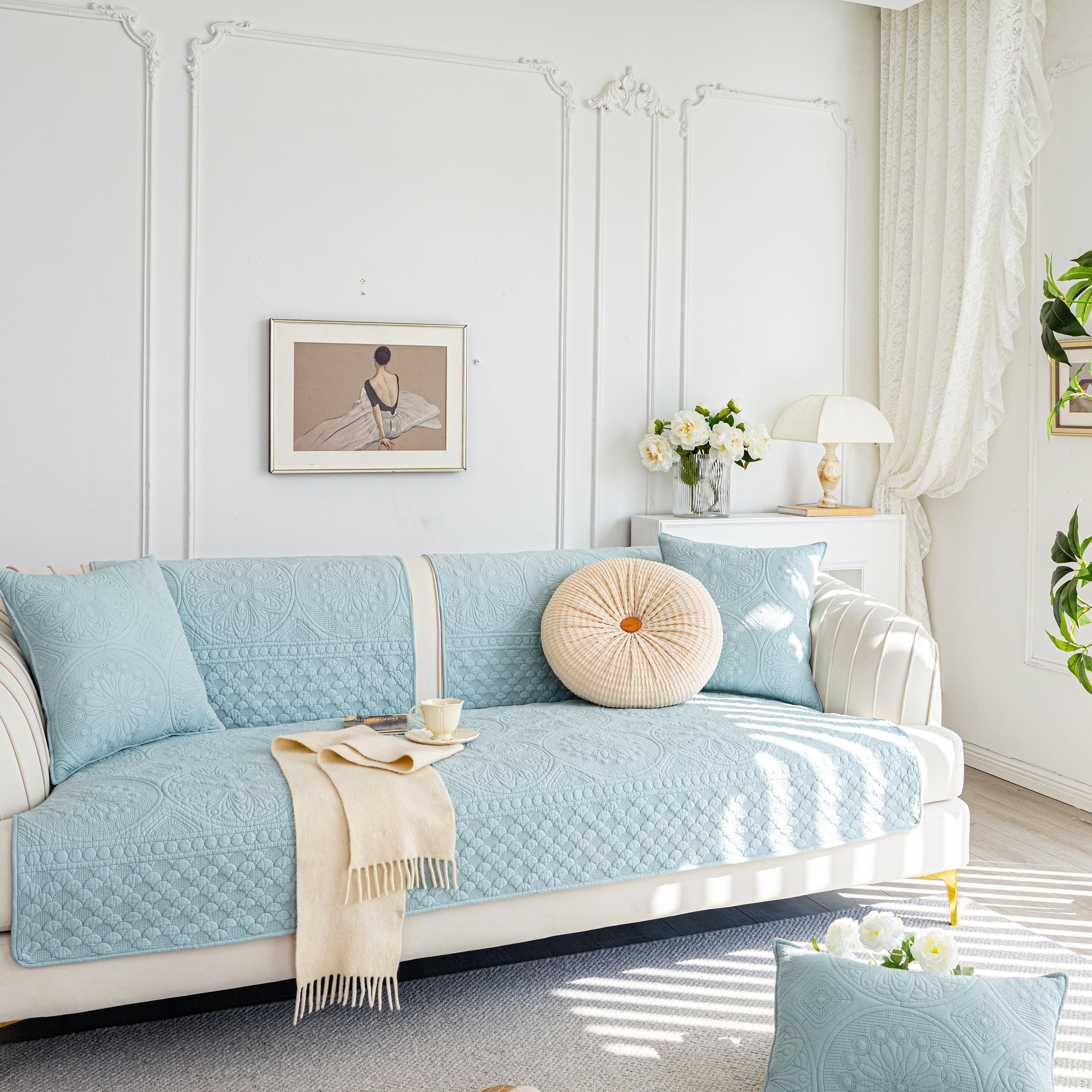 Cotton Quilted Sofa Cover, Non-slip Couch Protector Fits Backrest, Seat & Armrest