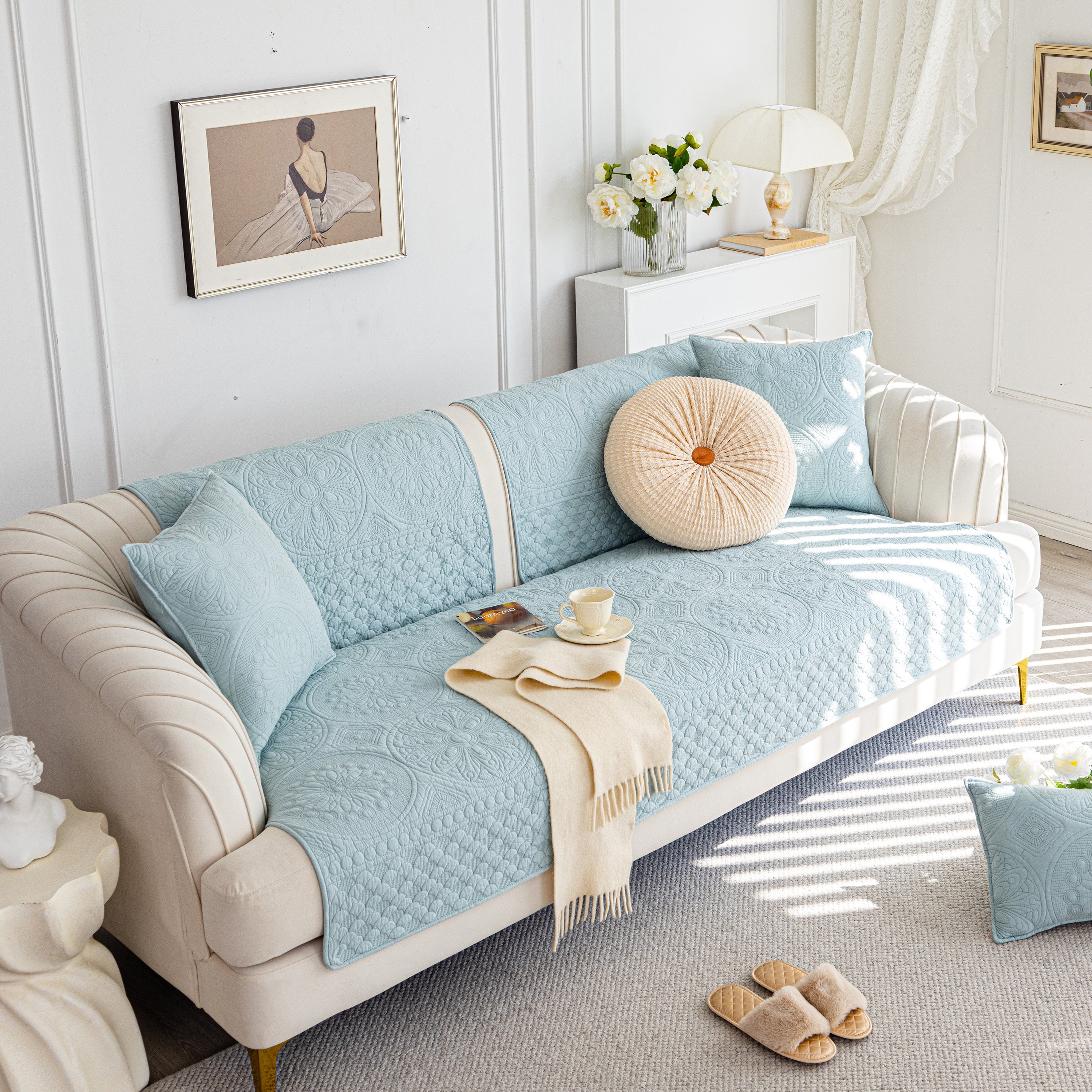 Cotton Quilted Sofa Cover, Non-slip Couch Protector Fits Backrest, Seat & Armrest