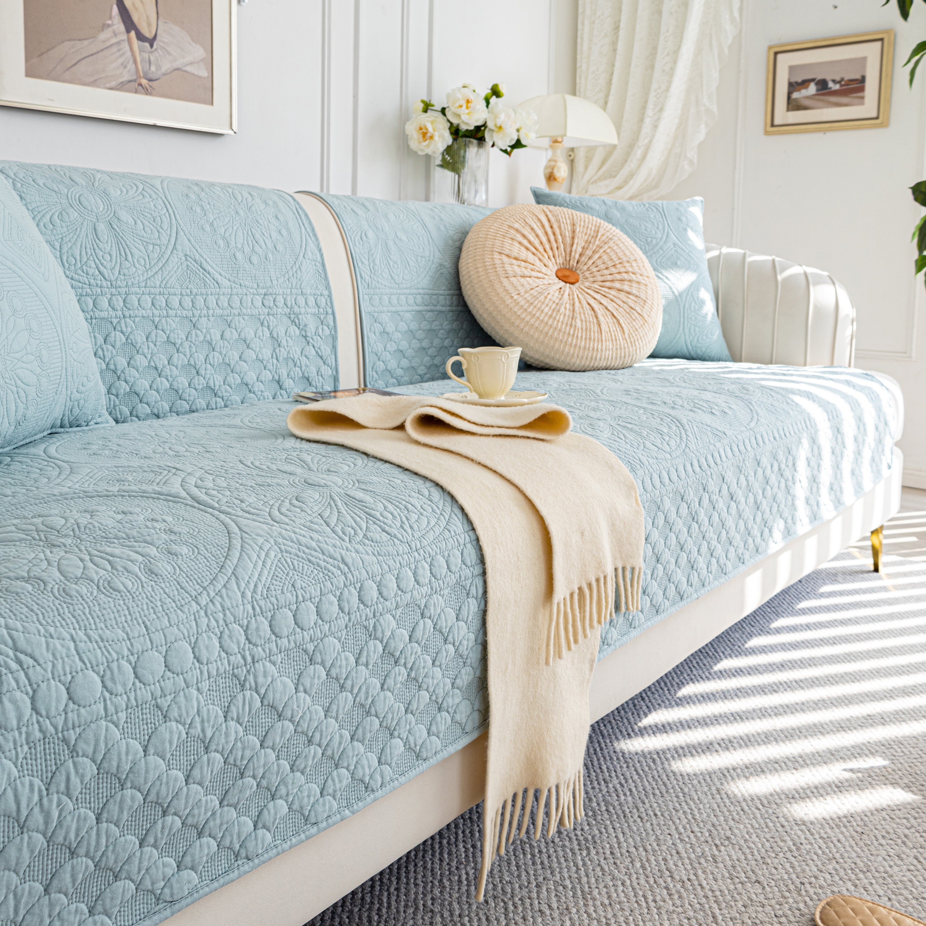 Cotton Quilted Sofa Cover, Non-slip Couch Protector Fits Backrest, Seat & Armrest