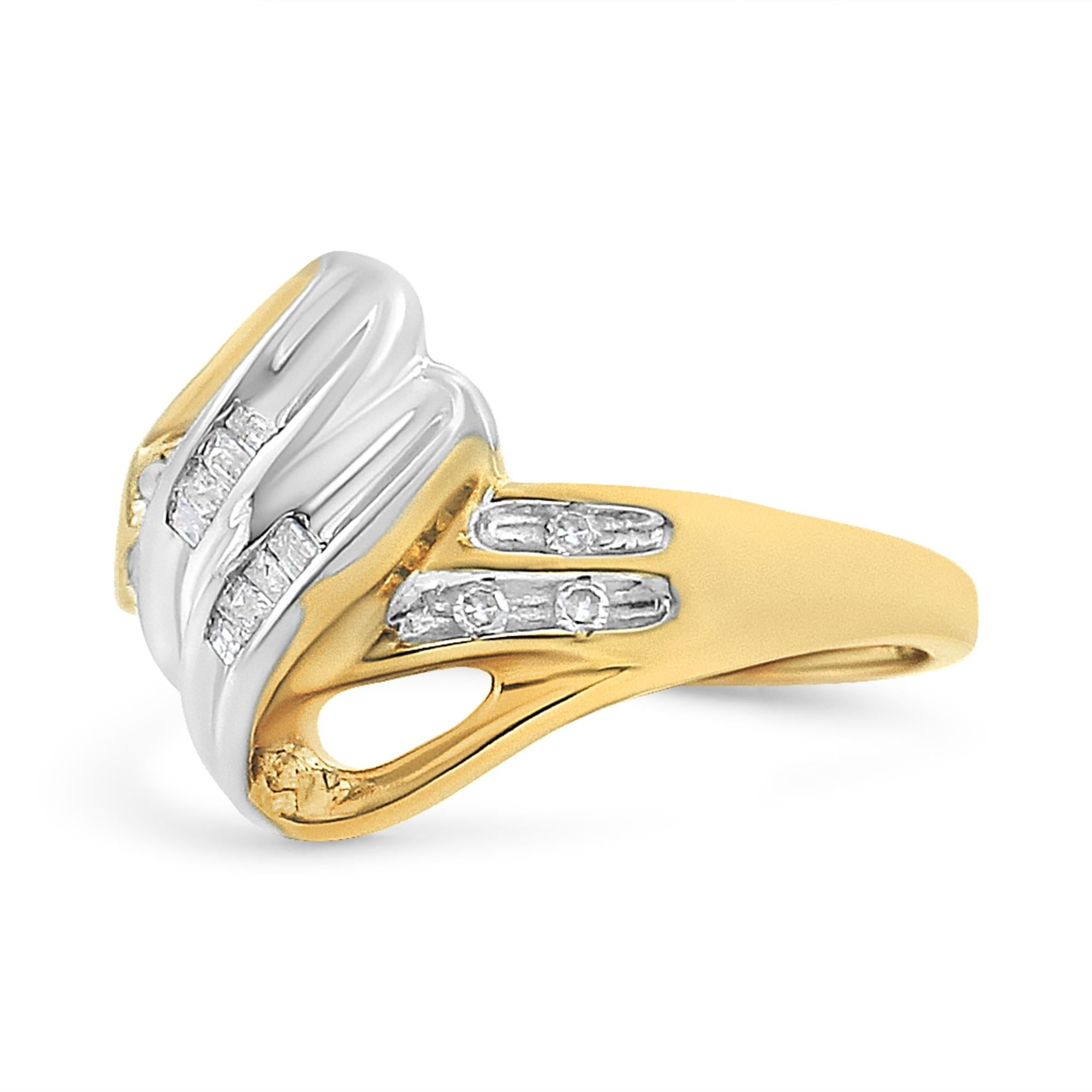10k Yellow And White Gold 1/10 Cttw Baguette And Round-cut Diamond Bypass Ring (i2 Color, H-i Clarity)
