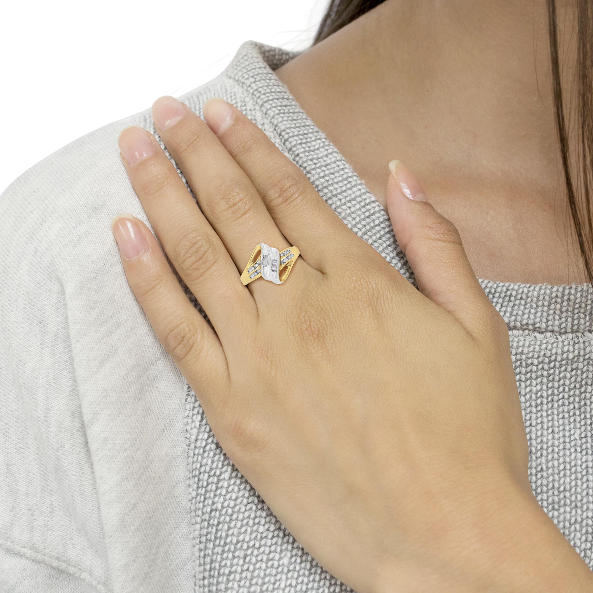 10k Yellow And White Gold 1/10 Cttw Baguette And Round-cut Diamond Bypass Ring (i2 Color, H-i Clarity)
