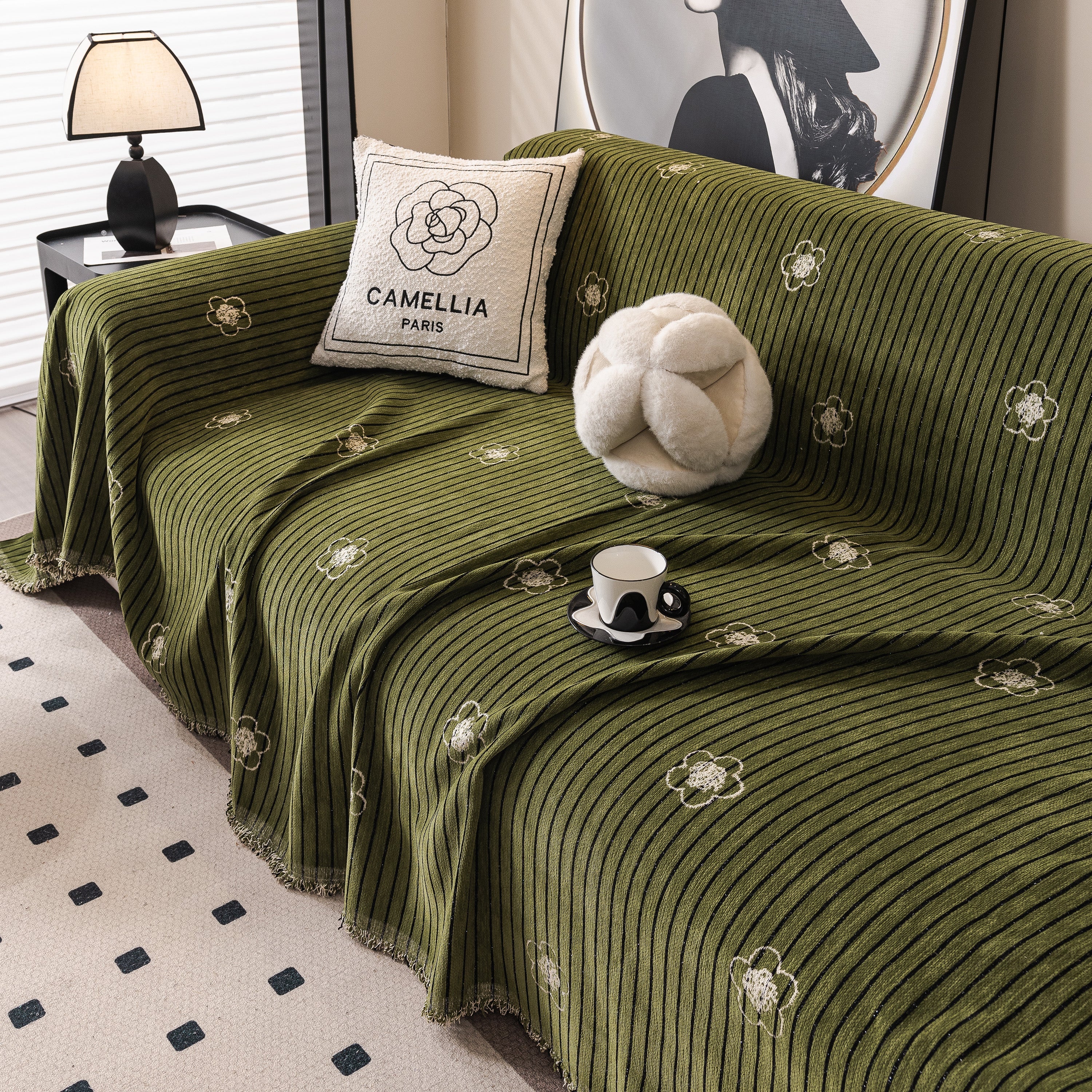 Chenille Camellia Floral Sofa Throw Cover Couch Blanket With Striped Jacquard